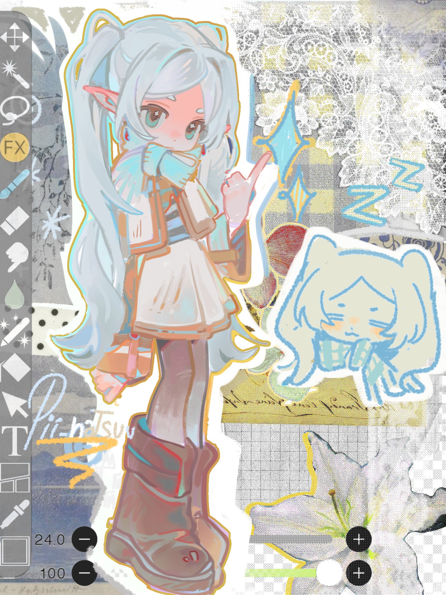 frieren, sousou no frieren, highres, 1girl, art program in frame, black pantyhose, blue eyes, boots, brown boots, capelet, chibi, chibi inset, dot nose, earrings, elf, full body, gold trim, jacket, jewelry, pantyhose, parted bangs, pii natsuuu, pointing, pointy ears, scarf, shirt, skirt, solo, standing, striped clothes, striped shirt, twintails, white capelet, white jacket, white skirt