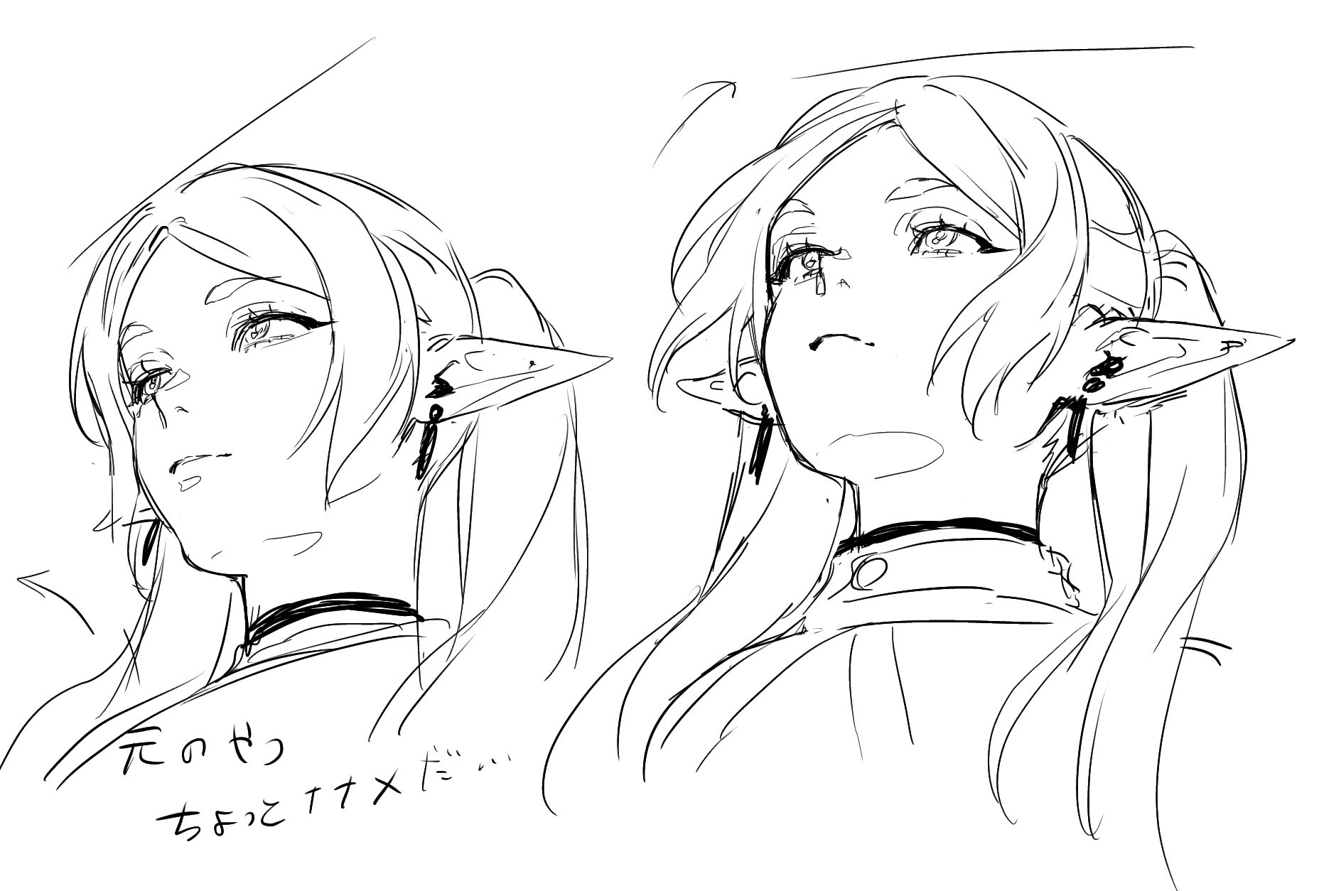 8 osc, frieren, sousou no frieren, highres, arrow (symbol), capelet, closed mouth, earrings, elf, from behind, greyscale, hair over shoulder, jewelry, meme, monochrome, parted bangs, pointy ears, sidelocks, sketch, thick eyebrows, twintails, upper body, upward angle frieren drawing (meme), white background, white capelet