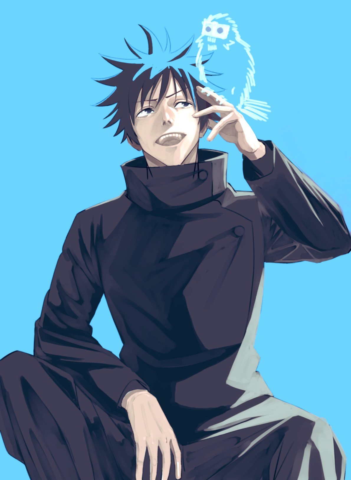 fushiguro megumi, jujutsu kaisen, highres, 1boy, black hair, black jacket, black pants, blue background, creature, hair between eyes, jacket, jujutsu tech uniform, kamosuto, long sleeves, male focus, open mouth, pants, short hair, sitting, smile, solo, spiked hair, upper body