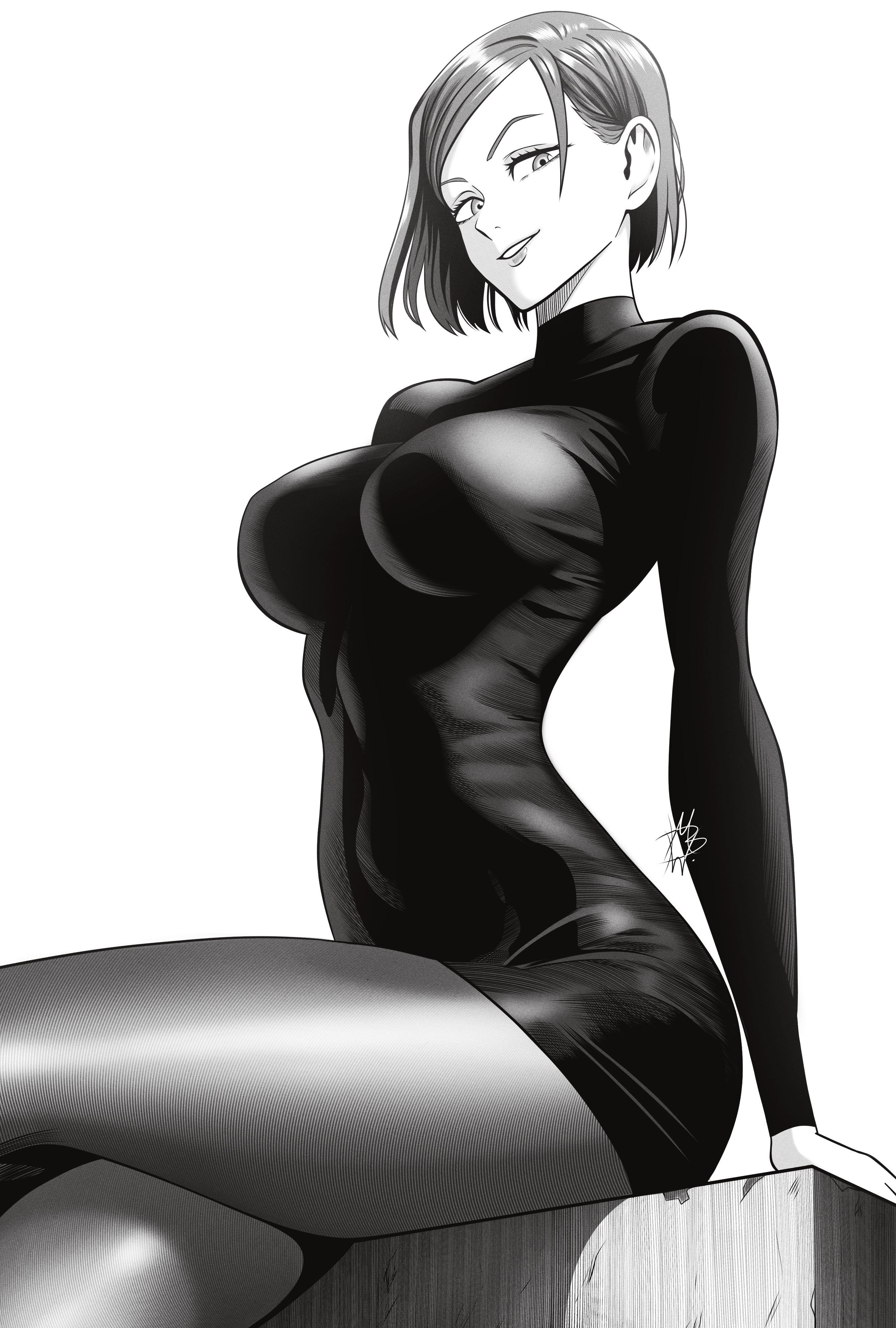 mostlybluewyatt, kugisaki nobara, jujutsu kaisen, absurdres, commentary, english commentary, highres, 1girl, black dress, breasts, dress, greyscale, grin, large breasts, looking at viewer, monochrome, pantyhose, short hair, signature, simple background, smile, solo, white background