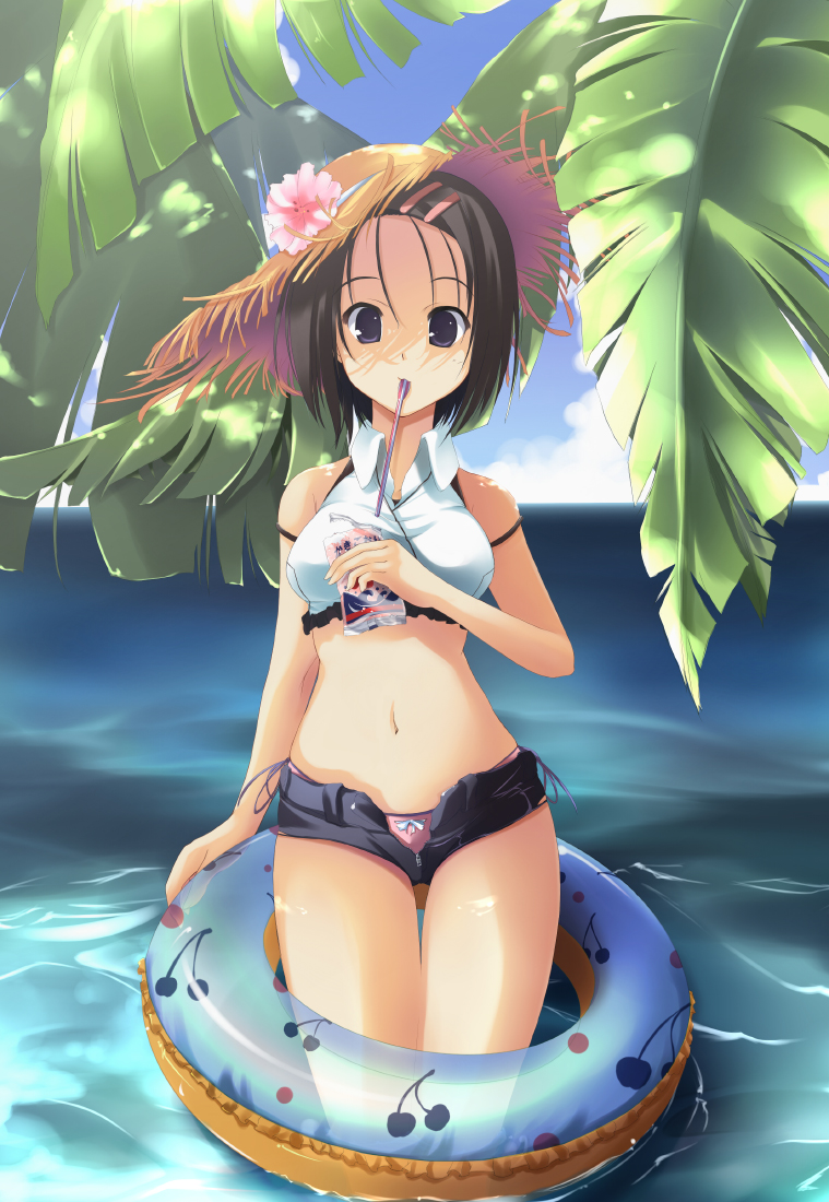 m.h, sairenji haruna, to love-ru, 00s, 1girl, black hair, bow, bow panties, drinking straw, female focus, hat, innertube, juice box, midriff, navel, palm tree, panties, short hair, short shorts, shorts, side-tie panties, solo, standing, straw hat, swim ring, swimsuit, tree, tropical, underwear, unzipped, water