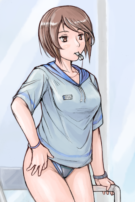 tsuda nanafushi, souseiseki, rozen maiden, 00s, aged up, brown eyes, brown hair, shirt, short hair, solo, swimsuit, swimsuit under clothes, watch, whistle, wristwatch