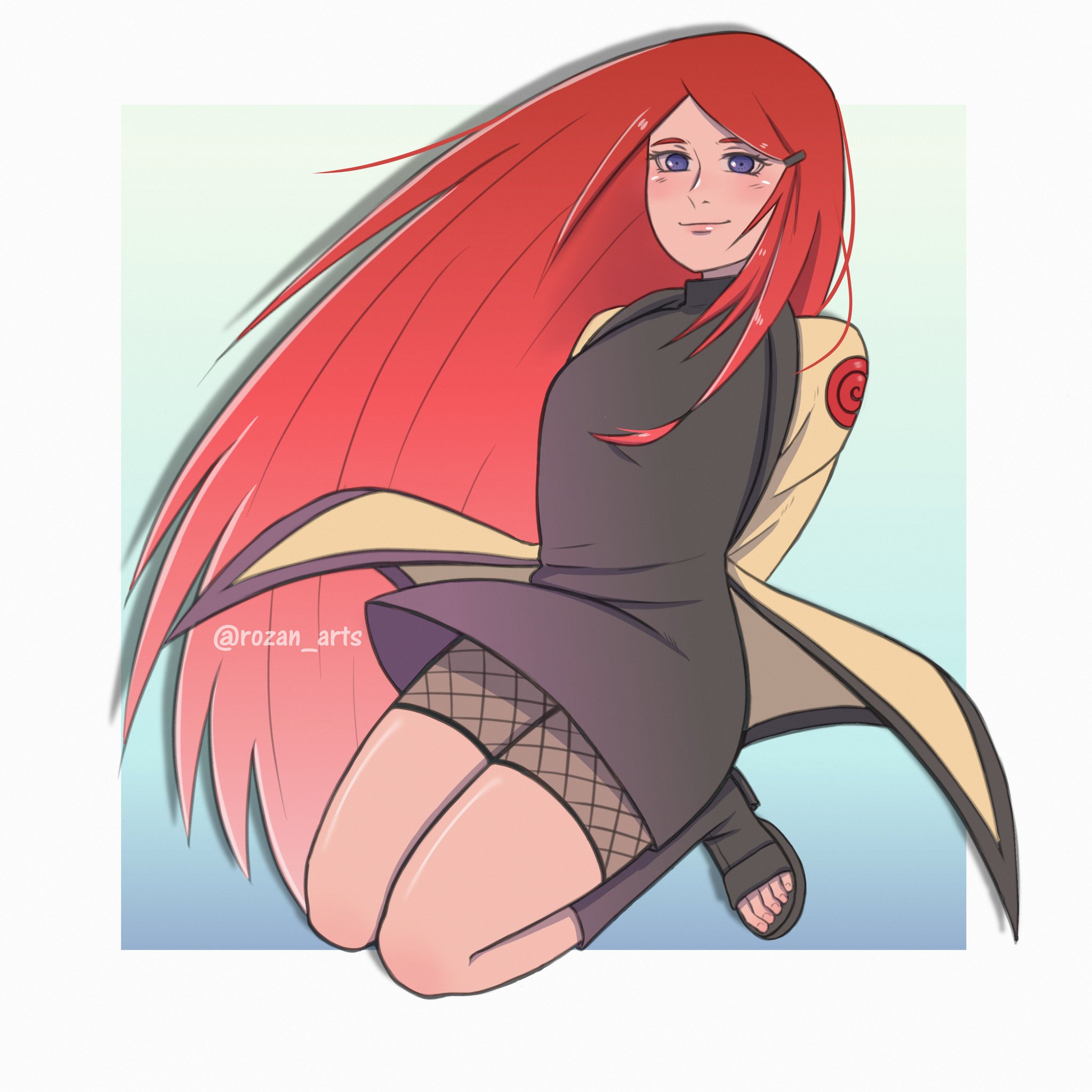 uzumaki kushina, naruto (series), commentary, english commentary, highres, 1girl, arms behind back, black dress, boots, breasts, coat, dress, fishnets, full body, hair ornament, hairclip, knee boots, long hair, medium breasts, open-toe boots, purple eyes, red hair, rozan arts, short dress, smile, solo, turtleneck, twitter username, very long hair, yellow coat