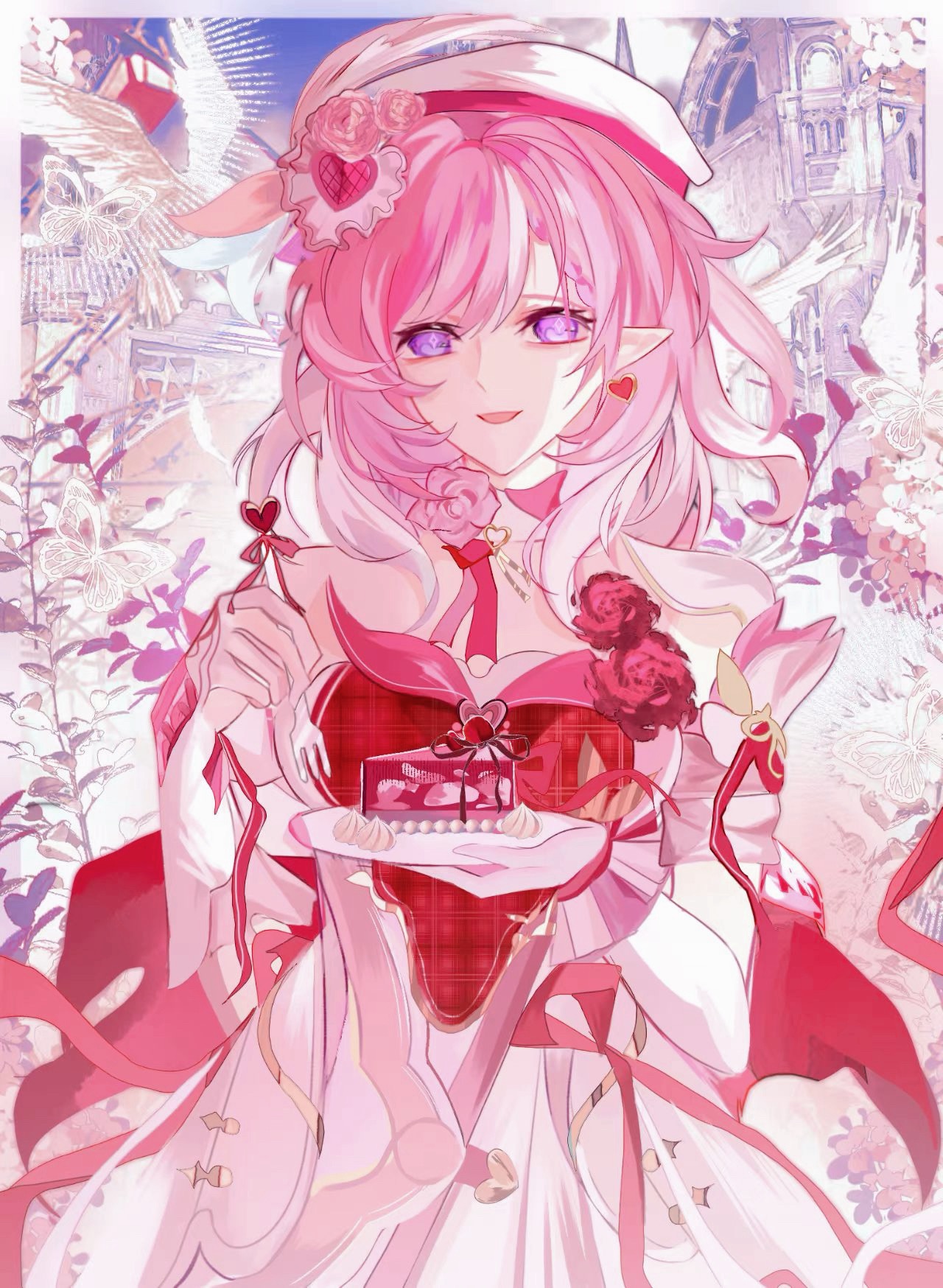 elysia (hi love elf) (honkai impact), elysia (honkai impact), honkai (series), honkai impact 3rd, chinese commentary, commentary request, highres, 1girl, beret, bird, breasts, cake, cake slice, danshi ni de chang xia, diamond-shaped pupils, diamond (shape), dove, dress, earrings, elf, food, fork, gloves, hat, heart, heart earrings, holding, holding fork, jewelry, large breasts, long hair, looking at viewer, multicolored hair, pink hair, pointy ears, purple eyes, red dress, single glove, smile, solo, symbol-shaped pupils, two-tone dress, two-tone hair, very long hair, white dress, white gloves, white hair