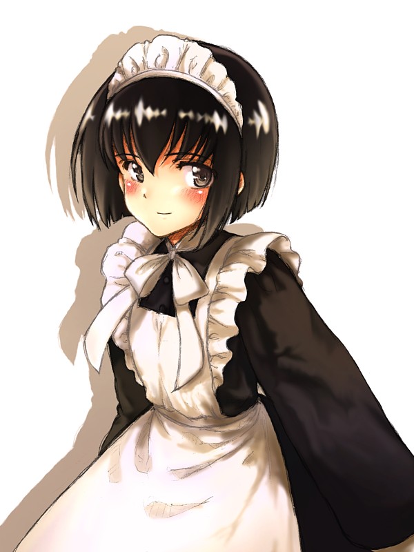 tanisi (hosimade), shirley medison, shirley (manga), 1girl, apron, black hair, blush, bob cut, female focus, maid, maid apron, maid headdress, short hair, smile, solo