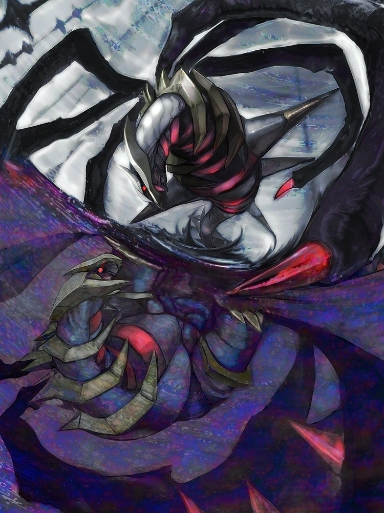 arugeri, giratina, giratina (altered), giratina (origin), nintendo, pokemon, pokemon dppt, 00s, alternate form, dark, dragon, dual persona, gen 4 pokemon, legendary pokemon, no humans, open mouth, pokemon (creature), realistic, red eyes, reflection, spikes, wings