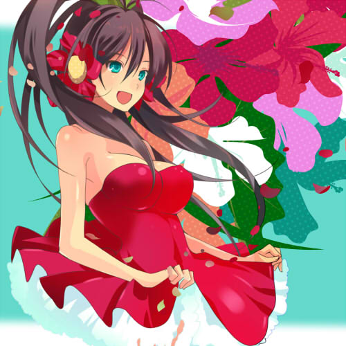 taira tsukune, ganaha hibiki, idolmaster, idolmaster (classic), lowres, 00s, 1girl, aqua eyes, bare shoulders, black hair, breasts, clothes lift, cocktail dress, dress, dress lift, female focus, flower, frills, hair flower, hair ornament, happy, large breasts, long hair, petals, ponytail, solo, strapless, strapless dress, wind
