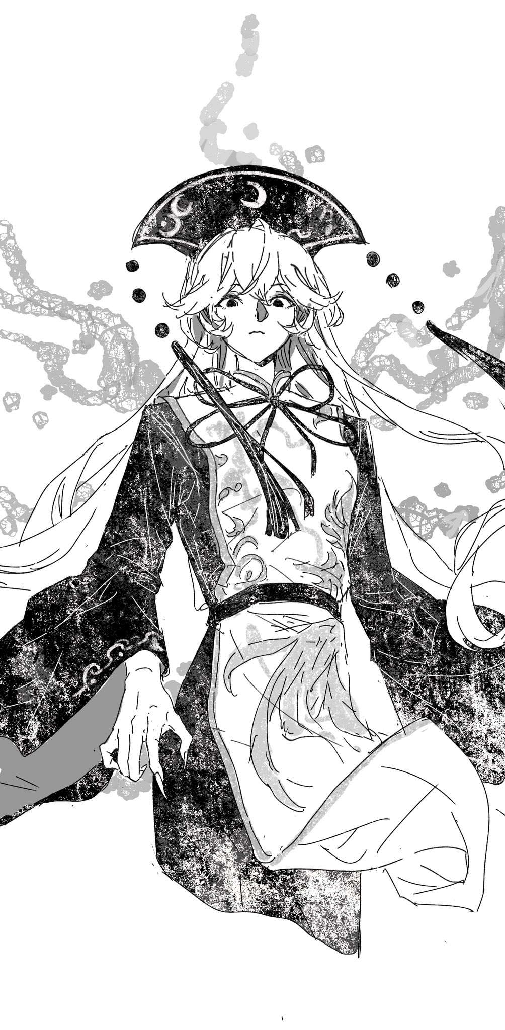 tansuyuli, junko (touhou), touhou, chinese commentary, commentary request, highres, textless version, 1girl, closed mouth, crescent print, cropped legs, crossed bangs, dalachi (headdress), dress, energy tail, expressionless, floral print, fox tail, greyscale, hair between eyes, long dress, long hair, long sleeves, looking at viewer, monochrome, multiple tails, neck ribbon, print dress, print headwear, print tabard, ribbon, simple background, solo, tabard, tail, tassel, very long hair, wavy hair, white background, wide sleeves