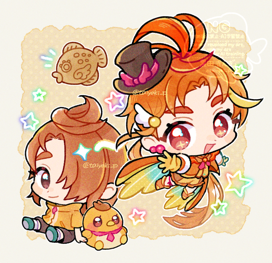 doradorakingyo, cure wing, yuunagi tsubasa, hirogaru sky! precure, precure, commentary, 2boys, :d, blush stickers, boots, brown eyes, brown hair, brown shorts, chibi, chibi only, closed mouth, dual persona, full body, green shoes, hair ornament, hair over one eye, looking at viewer, magical boy, male focus, multiple boys, open mouth, orange boots, orange hair, red eyes, shirt, shoes, short hair, short sleeves, shorts, sitting, smile, star (symbol), twitter username, watermark, wing hair ornament, yellow shirt