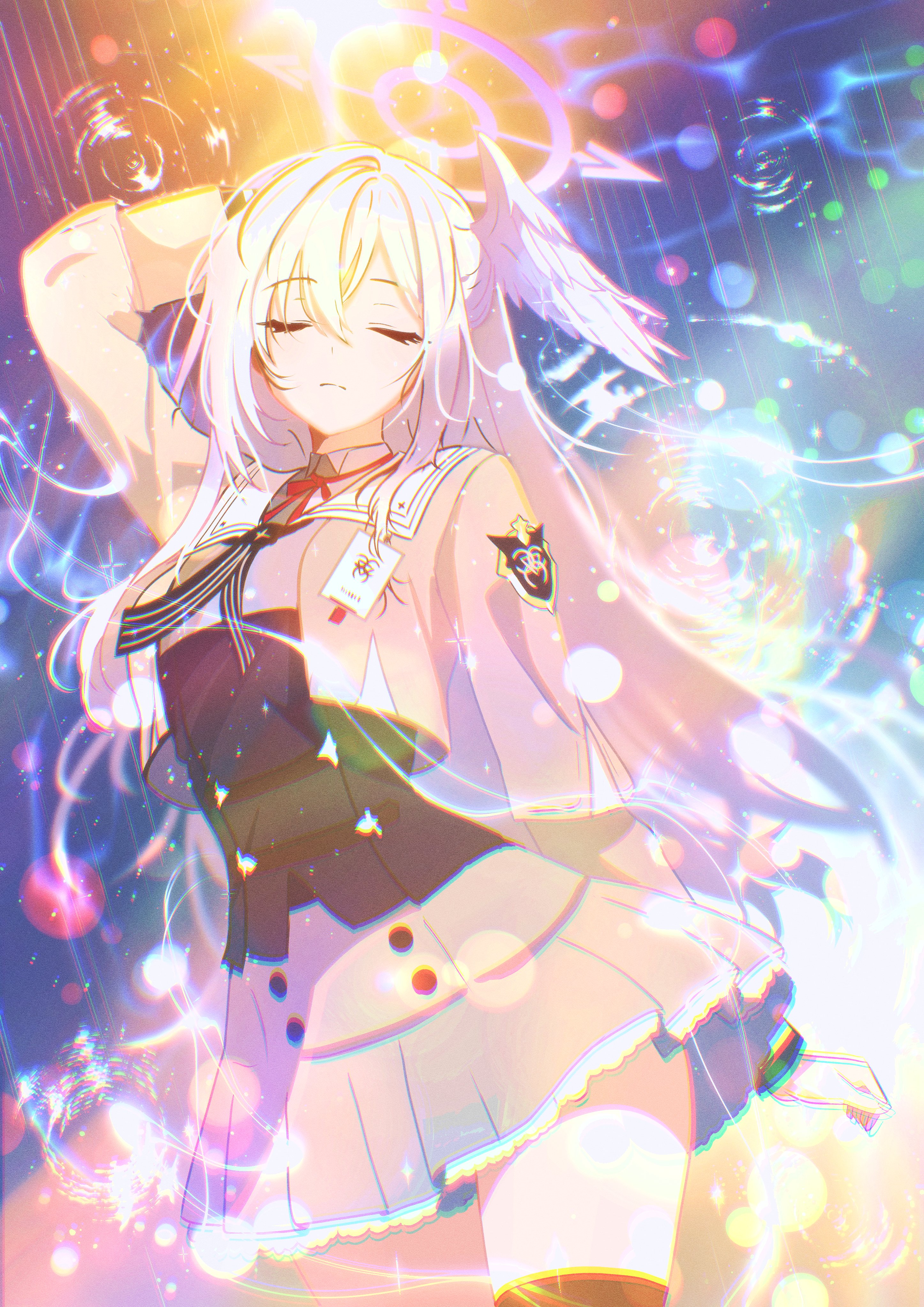 himmel gewalt, suzumi (blue archive), blue archive, absurdres, highres, 1girl, black thighhighs, closed eyes, closed mouth, grey jacket, hair between eyes, halo, hand on own head, head wings, jacket, long hair, long sleeves, rain, red ribbon, ribbon, school uniform, single head wing, skirt, solo, thighhighs, white hair, wings