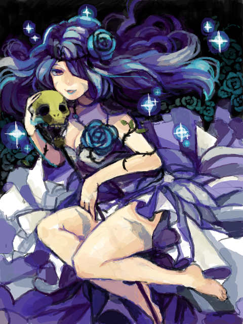 megu (megu-milk), lujei piche, grimgrimoire, soul cradle, silver hair, bad id, bad pixiv id, md5 mismatch, 1girl, barefoot, blue flower, blue hair, blue rose, curly hair, dress, female focus, flower, long hair, nail polish, red eyes, rose, skull, smile, solo, sparkle, staff, tattoo, thorns, wand, witch