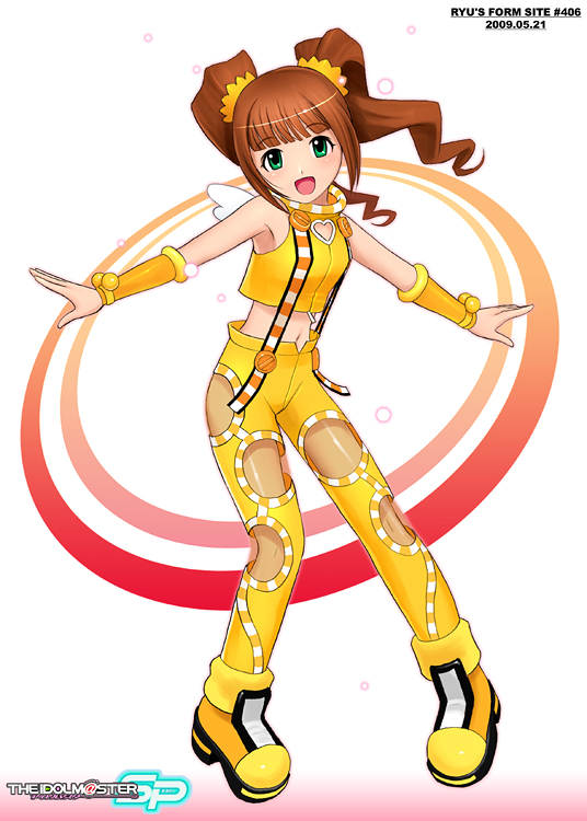 ryu (ryu's form site), takatsuki yayoi, idolmaster, idolmaster (classic), 00s, 1girl, boots, brown hair, child, cosmic & funny (idolmaster), female focus, green eyes, long hair, midriff, solo, suspenders, twintails, white background