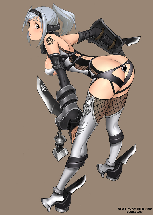 ryu (ryu's form site), silver hair, 1girl, armor, ass, bent over, boots, breasts, butt crack, elbow gloves, female focus, fishnet thighhighs, fishnets, gloves, grey eyes, looking back, ponytail, sideboob, simple background, solo, tattoo, thigh boots, thighhighs