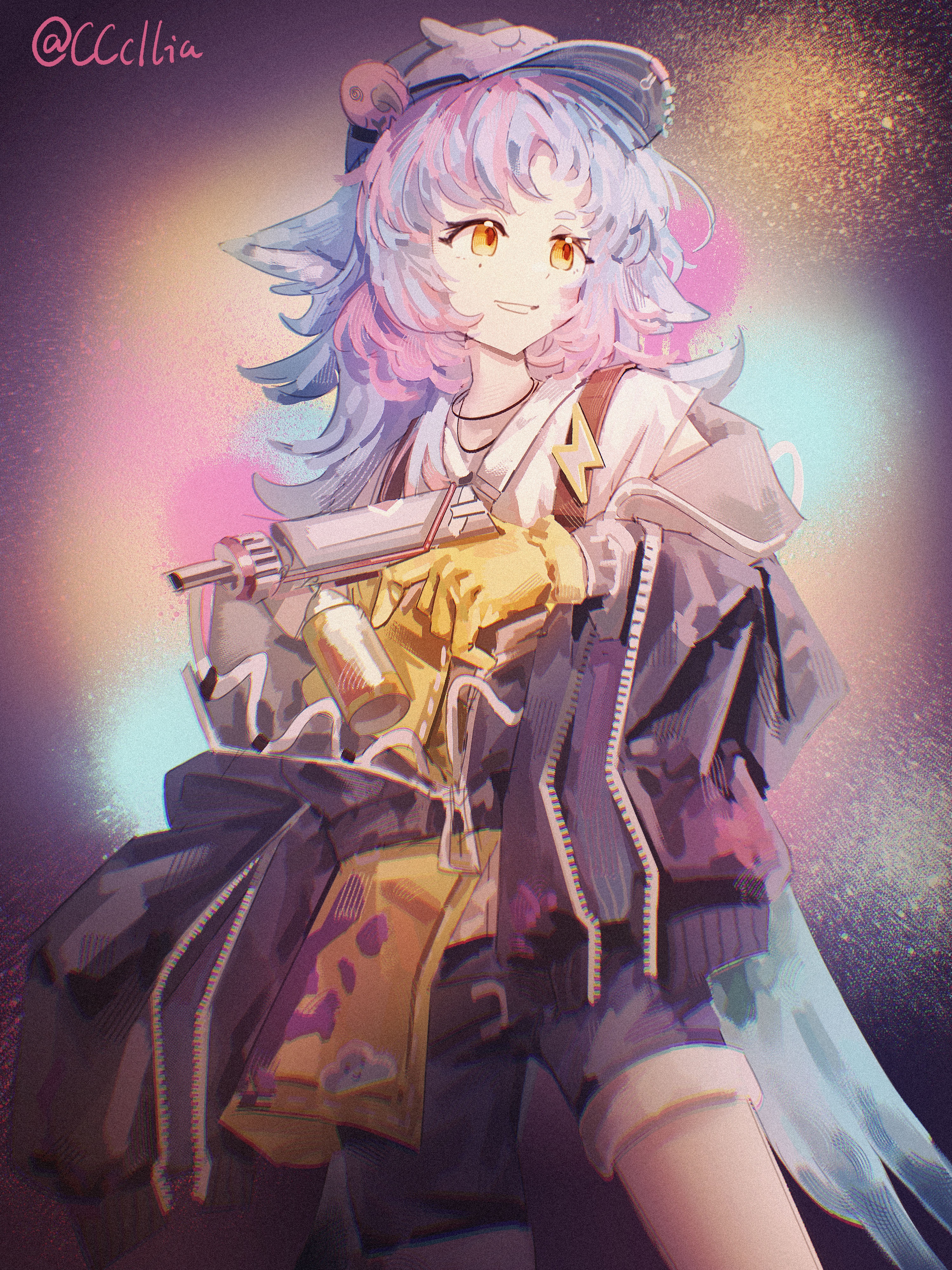 sakuratani hane, arknights, absurdres, highres, 1girl, animal ears, apron, bird ears, bird girl, bird tail, blue hair, gloves, hat, holding, long sleeves, multicolored hair, oversized jacket, paint gun, paint on body, pink hair, shirt, shorts, sleeve zipper, smile, solo, tail, tippi (arknights), twitter username, two-tone hair, white shirt, yellow apron, yellow eyes, yellow gloves