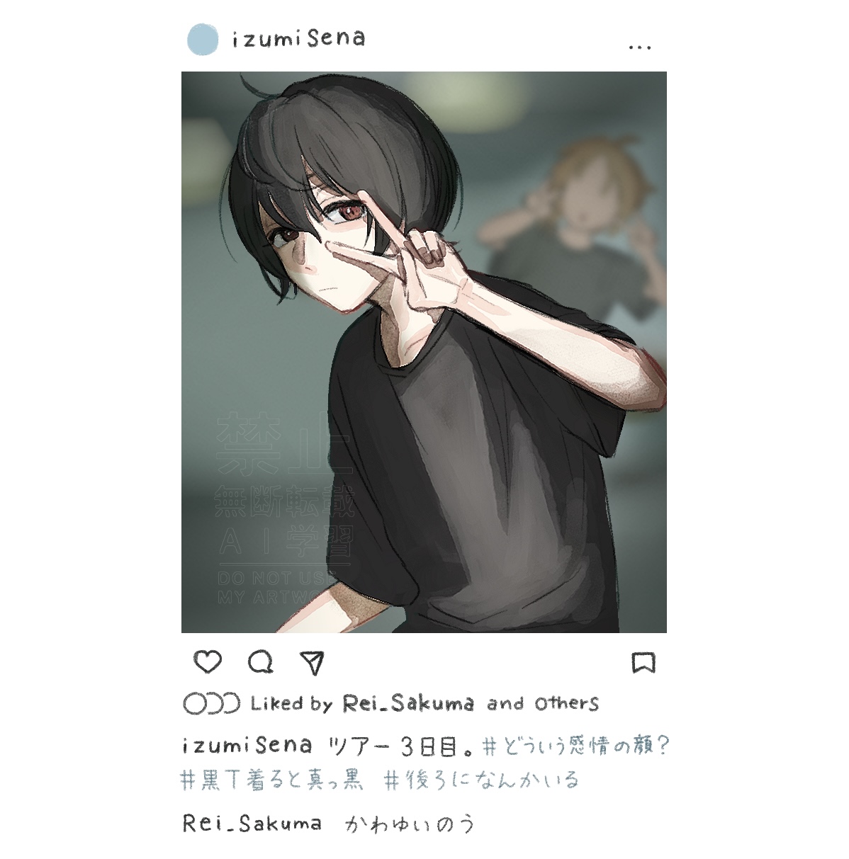 sakuma ritsu, tsukinaga leo, ensemble stars!, instagram, commentary, highres, translated, 2boys, black hair, black shirt, double v, hair between eyes, hand up, looking at viewer, mikak, multiple boys, orange hair, red eyes, shirt, short hair, social media composition, solo focus, three-quarter sleeves, upper body, v, v over eye, watermark, white background