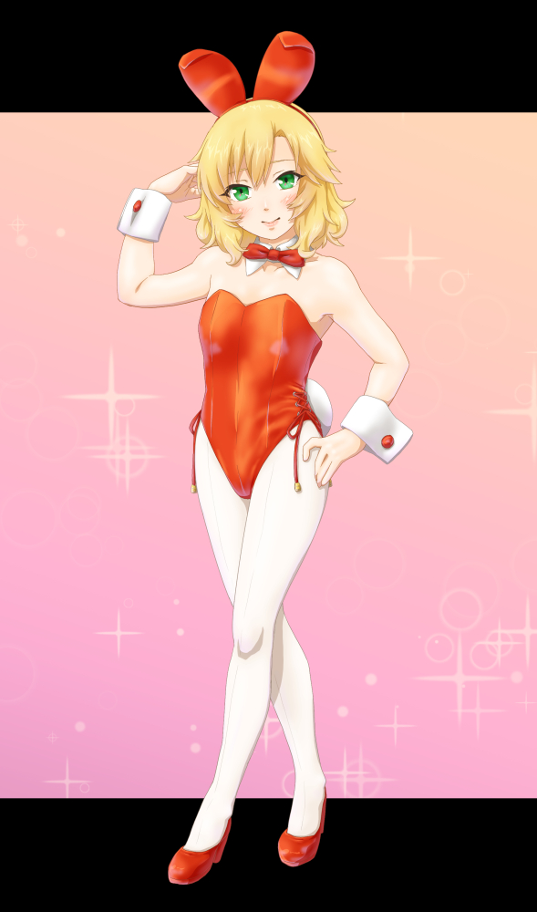 zilver-01, sakurai momoka, idolmaster, idolmaster cinderella girls, 1girl, animal ear hairband, animal ears, blonde hair, bow, bowtie, breasts, detached collar, fake animal ears, full body, gradient background, green eyes, hairband, hand on own hip, high heels, leotard, pantyhose, pink background, playboy bunny, rabbit ears, rabbit tail, red bow, red bowtie, red leotard, red shoes, shoes, short hair, side-tie leotard, small breasts, solo, sparkle background, standing, strapless, strapless leotard, tail, white pantyhose, wrist cuffs