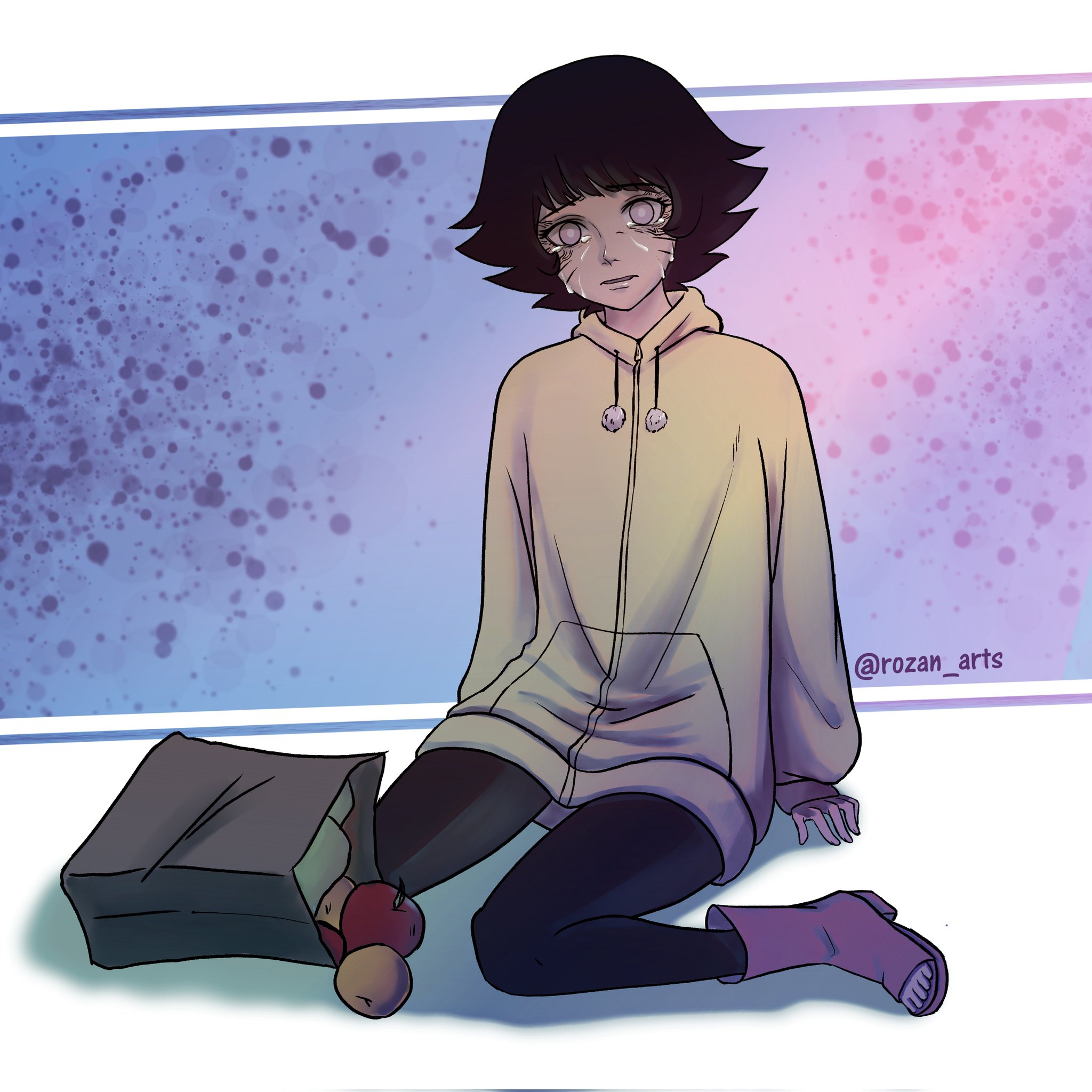 uzumaki himawari, boruto: naruto next generations, naruto (series), alt text, commentary, english commentary, highres, 1girl, bag, black hair, black pants, boots, byakugan, crying, food, fruit, full body, grocery bag, hood, hoodie, open-toe boots, pants, paper bag, purple boots, purple eyes, rozan arts, shopping bag, short hair, sitting, sleeves past wrists, solo, tears, twitter username, veiny face, wariza, yellow hoodie