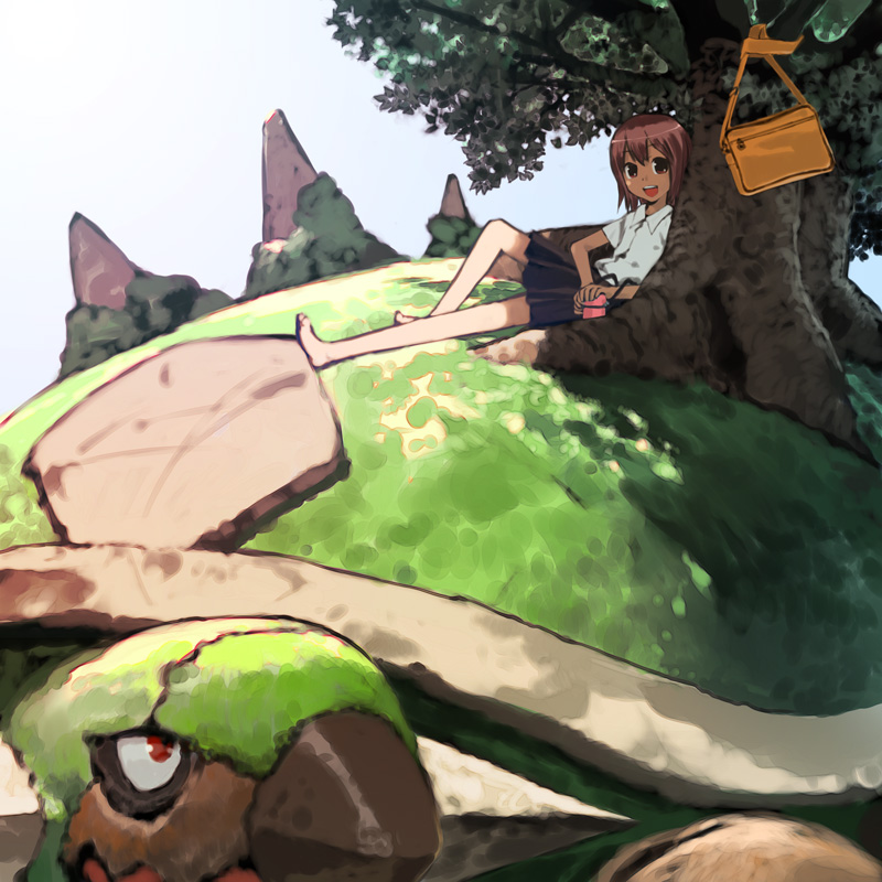 torterra, nintendo, pokemon, pokemon dppt, 00s, 1girl, bag, barefoot, brown eyes, brown hair, gen 4 pokemon, pokemon (creature), school uniform, shade, shirt, sitting, tree, white shirt