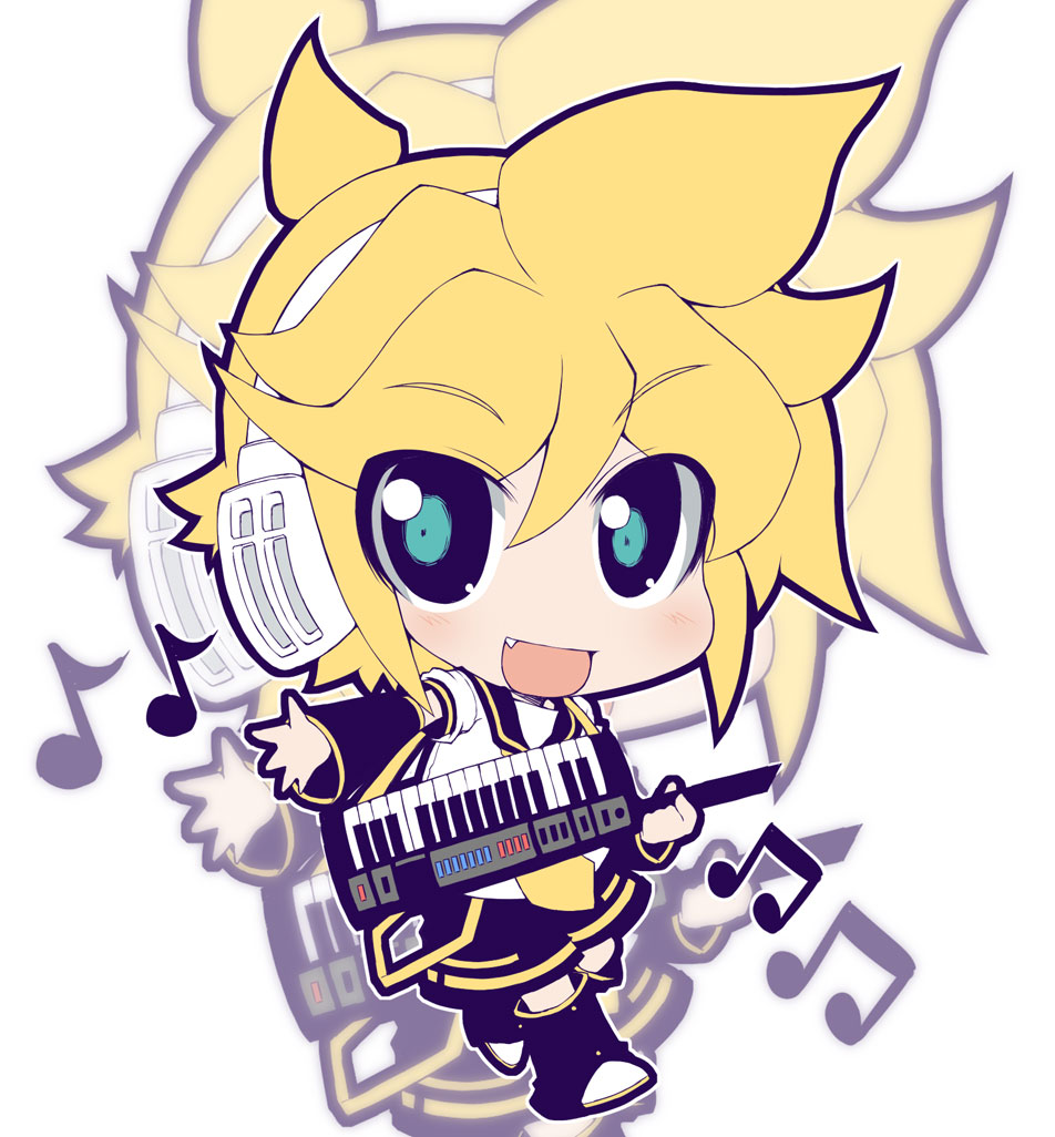 crazy developers, kagamine len, vocaloid, 1boy, blonde hair, blue eyes, chibi, fang, instrument, keyboard, keyboard (instrument), male focus, musical note, necktie, short hair, shorts, smile, solo