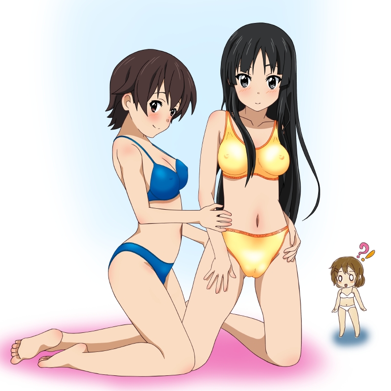 rm (rm32), akiyama mio, hirasawa yui, manabe nodoka, k-on!, !?, 00s, 3girls, barefoot, bikini, black eyes, black hair, breasts, brown eyes, brown hair, cameltoe, covered erect nipples, feet, kneeling, long hair, medium breasts, multiple girls, no eyewear, short hair, soles, sports bikini, swimsuit
