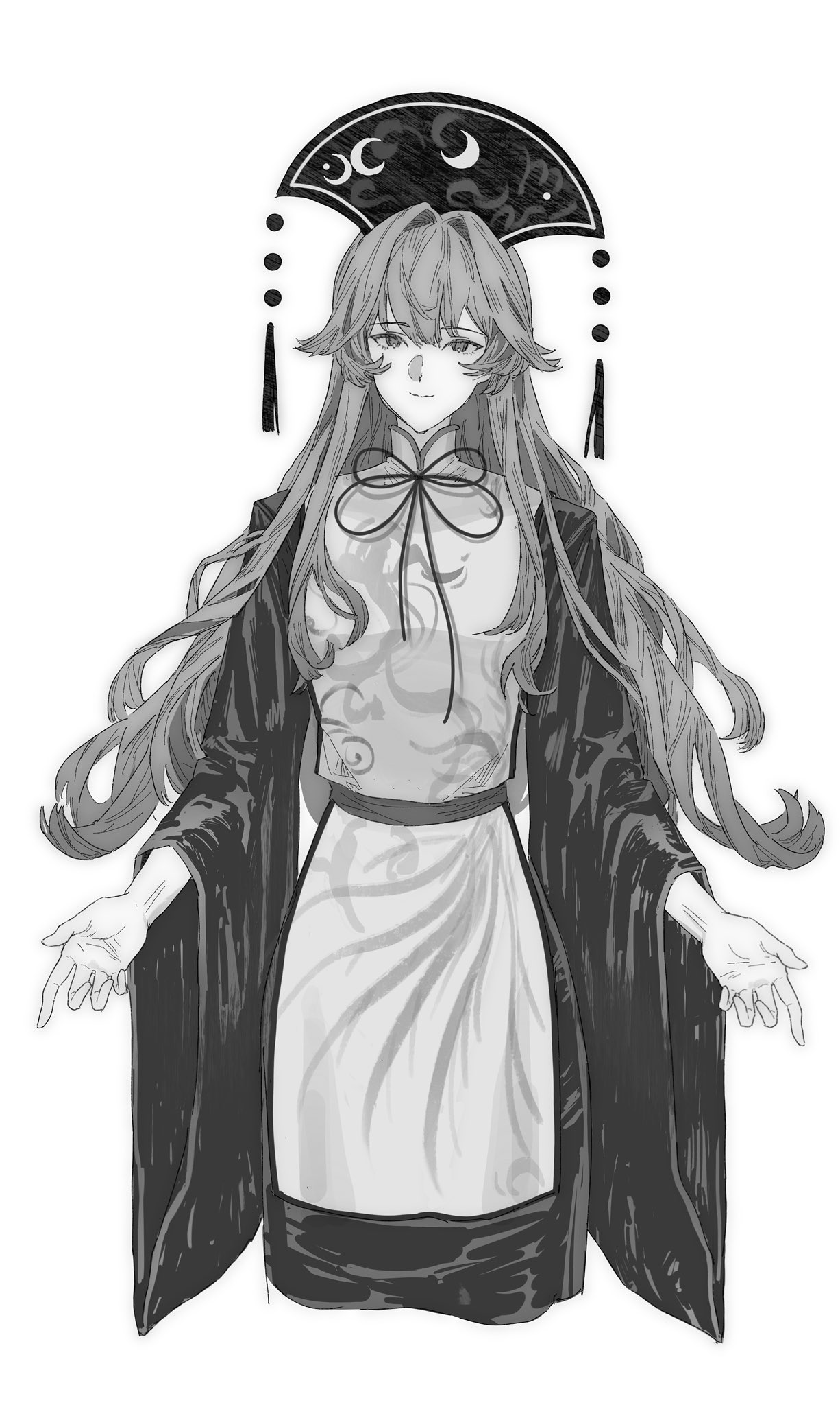 tansuyuli, junko (touhou), touhou, commentary, highres, symbol-only commentary, 1girl, belt, closed mouth, crescent print, cropped legs, dalachi (headdress), dress, eyelashes, floral print, greyscale, hair between eyes, hair intakes, happy, hat tassel, long dress, long hair, long sleeves, looking at viewer, mandarin collar, monochrome, neck ribbon, palms, print headwear, print tabard, ribbon, simple background, smile, solo, standing, tabard, very long hair, wavy hair, white background, wide sleeves