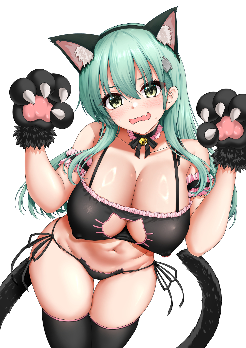 akizuki akina, suzuya (kancolle), kantai collection, highres, 1girl, alternate costume, animal ears, animal hands, bikini, black socks, breasts, cat ears, cat lingerie, cleavage, cowboy shot, fang, gloves, green eyes, green hair, kneehighs, large breasts, long hair, looking at viewer, navel, paw gloves, simple background, socks, solo, string bikini, swimsuit, white background