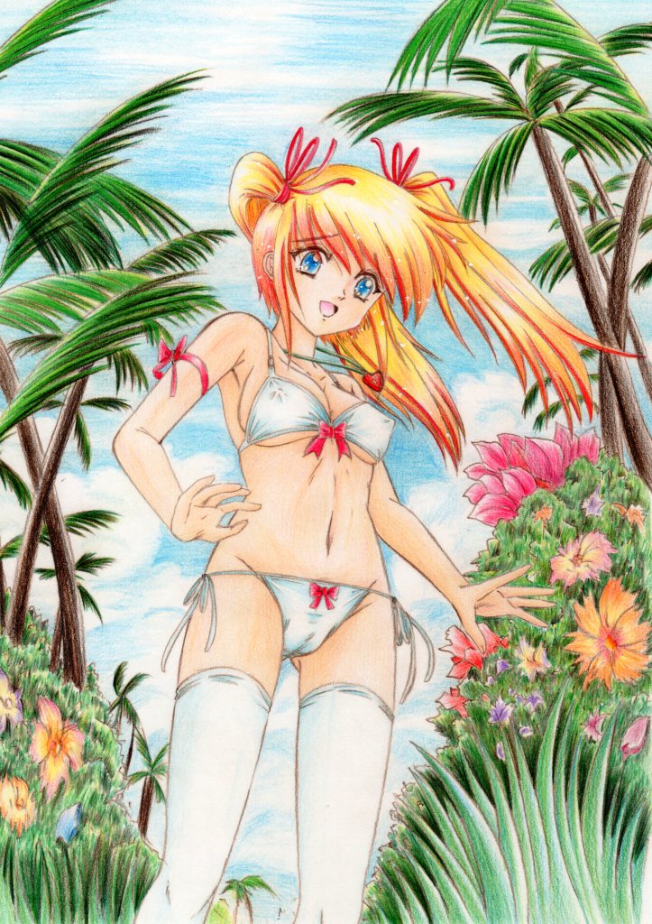 nagano shin'ya, original, traditional media, 1girl, bikini, blonde hair, blue eyes, breasts, cameltoe, covered erect nipples, day, female focus, flower, from below, long hair, medium breasts, palm tree, solo, swimsuit, thighhighs, tree, twintails, white bikini