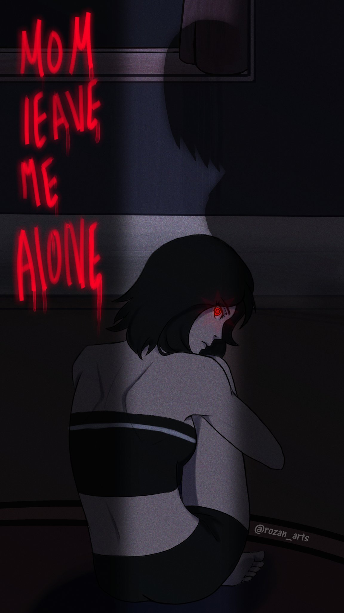 haruno sakura, uchiha sarada, boruto: naruto next generations, naruto (series), alt text, commentary, english commentary, highres, 1girl, bare shoulders, black hair, black tube top, breasts, english text, from behind, hugging own legs, looking back, mangekyou sharingan, red eyes, rozan arts, shade, sharingan, shoulder blades, sitting, small breasts, solo, strapless, tube top, twitter username