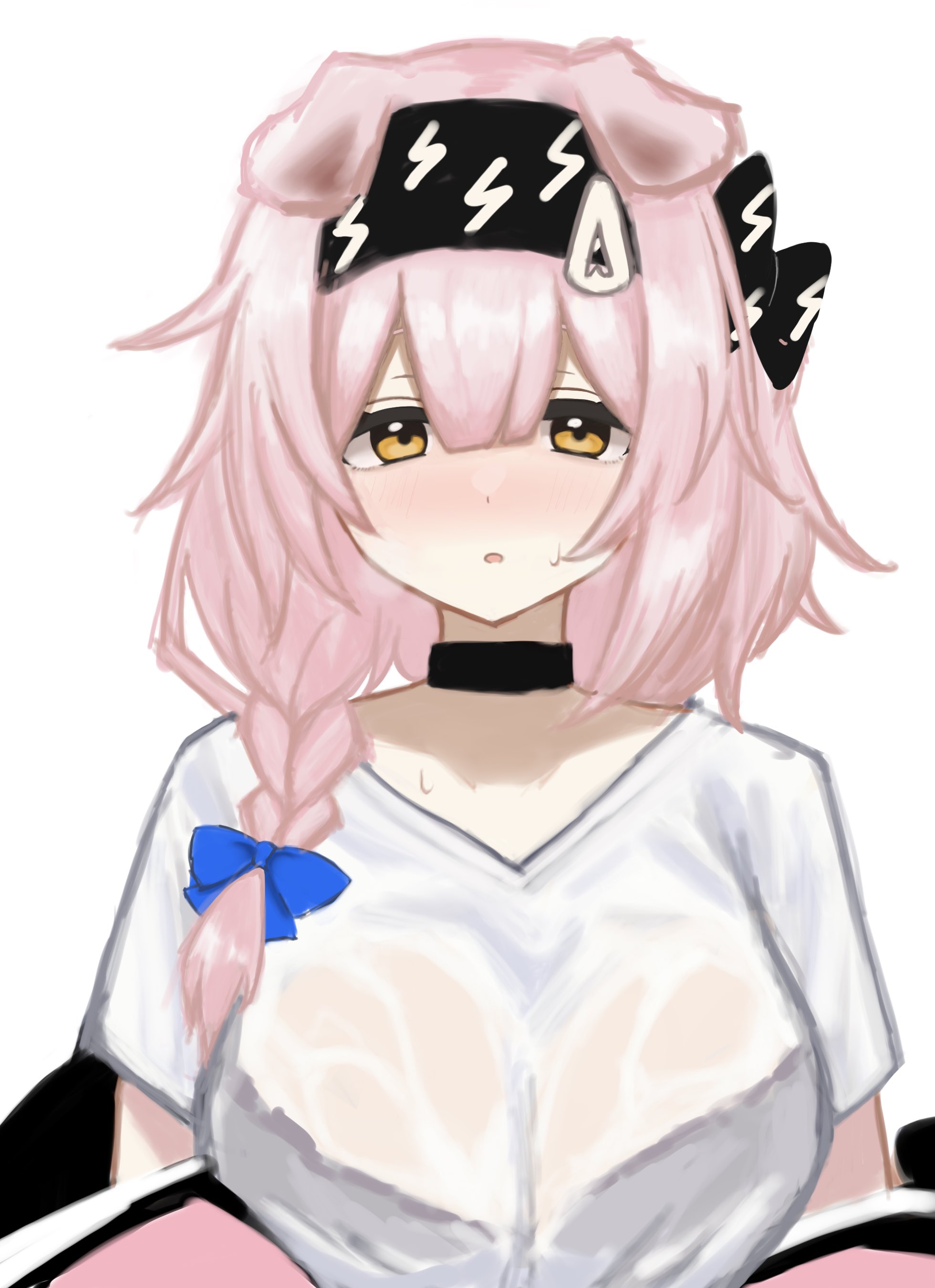 midori10, goldenglow (arknights), arknights, absurdres, commentary, highres, 1girl, animal ears, black choker, black hairband, blue bow, blush, bow, braid, breasts, breath, choker, hair bow, hairband, large breasts, long hair, looking at viewer, nose blush, pink hair, shirt, simple background, solo, t-shirt, upper body, v-neck, wet, wet clothes, wet shirt, white background, white shirt, yellow eyes