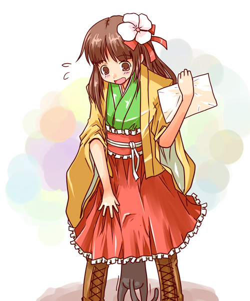 kanoe soushi, hieda no akyuu, touhou, 1girl, between legs, brown hair, cat, cat between legs, female focus, flower, japanese clothes, long hair, skirt, solo, white background
