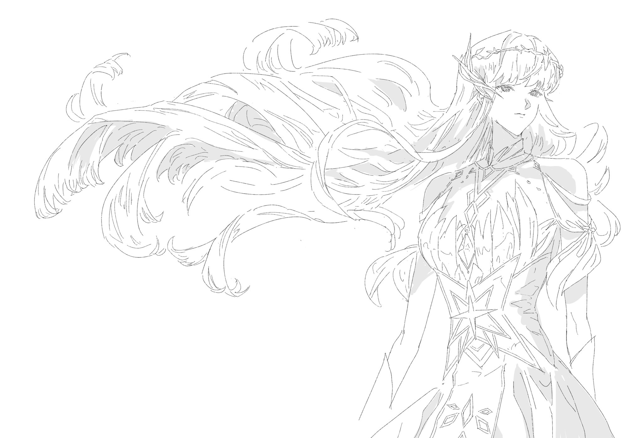 tansuyuli, character request, copyright request, highres, 1girl, bare shoulders, circlet, closed mouth, clothing cutout, corset, cowboy shot, expressionless, eyelashes, feather-trimmed dress, fins, floating hair, gloves, greyscale, head fins, long hair, long sidelocks, looking to the side, monochrome, shoulder cutout, sidelocks, simple background, solo, standing, very long hair, wavy hair, white background