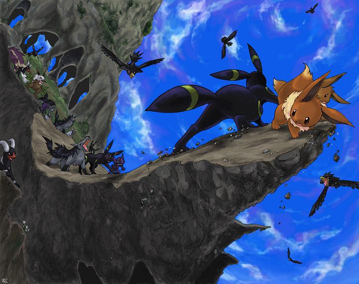 ibui matsumoto, eevee, houndoom, mightyena, murkrow, poochyena, sableye, shiftry, skuntank, umbreon, nintendo, pokemon, pokemon dppt, pokemon gsc, pokemon rgby, pokemon rse, 00s, 1990s (style), beak, cliff, day, defending, epic, feathers, fisheye, gen 1 pokemon, gen 2 pokemon, gen 3 pokemon, gen 4 pokemon, no humans, open mouth, pointy ears, pokemon (creature), protecting, retro artstyle, tail