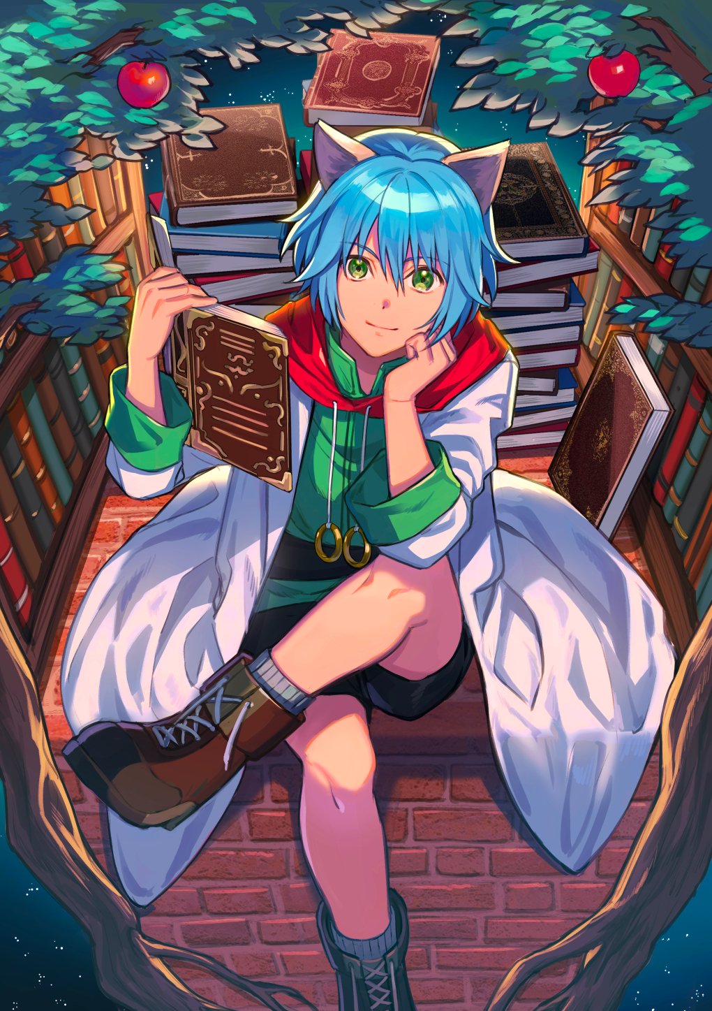nonhomo gyunyu, leon geeste, star ocean, star ocean: the second story, highres, 1boy, animal ears, apple, black shorts, blue eyes, blue hair, book, boots, cat ears, closed mouth, food, fruit, lab coat, looking at viewer, male focus, short hair, shorts, sitting, smile, solo