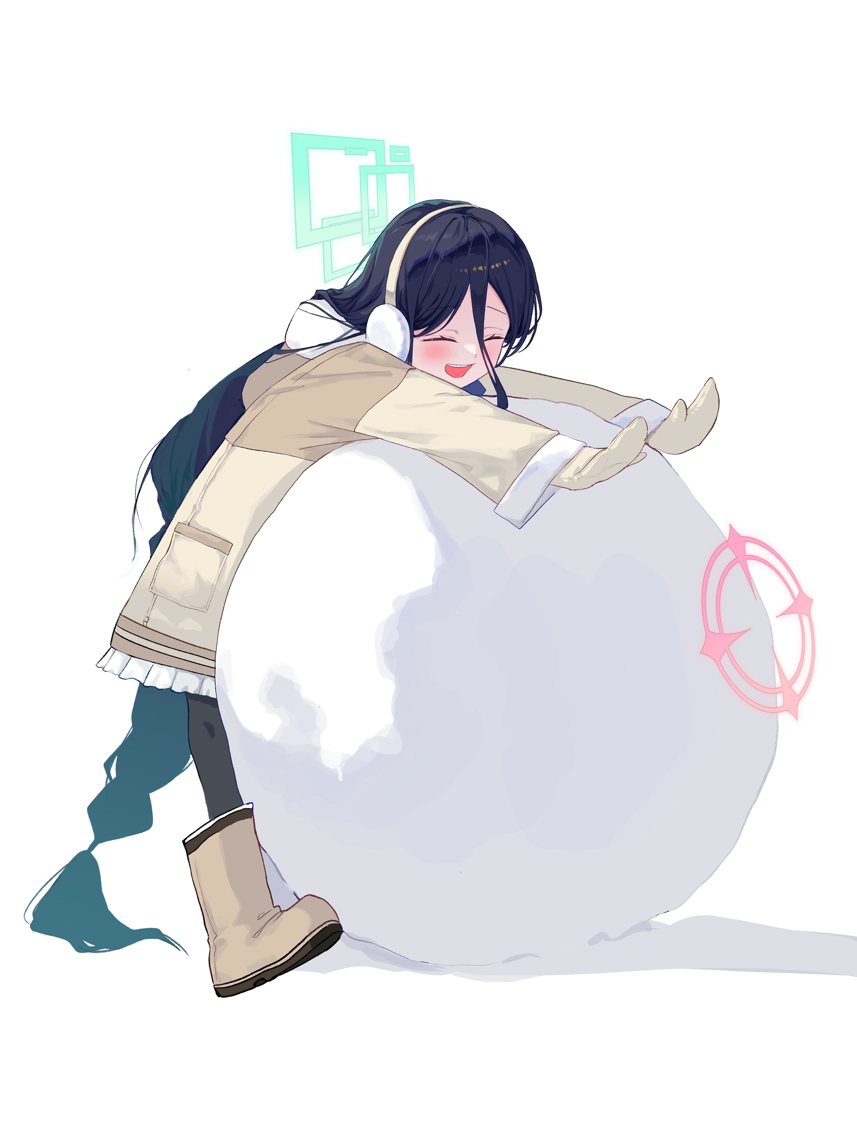 kongaru 123, aris (blue archive), aris (winter) (blue archive), momoi (blue archive), momoi (winter) (blue archive), blue archive, absurdres, commentary request, highres, variant set, 2girls, :d, ^ ^, black hair, black pantyhose, blue halo, boots, braid, braided ponytail, brown boots, brown coat, brown mittens, closed eyes, coat, earmuffs, full body, fur-trimmed coat, fur-trimmed hood, fur-trimmed sleeves, fur trim, hair between eyes, halo, hood, hood down, long hair, long sleeves, mittens, multiple girls, official alternate costume, official alternate hairstyle, open mouth, outstretched arms, pantyhose, rectangular halo, red halo, simple background, smile, snowball, solo, teeth, upper teeth only, very long hair, white background, winter clothes