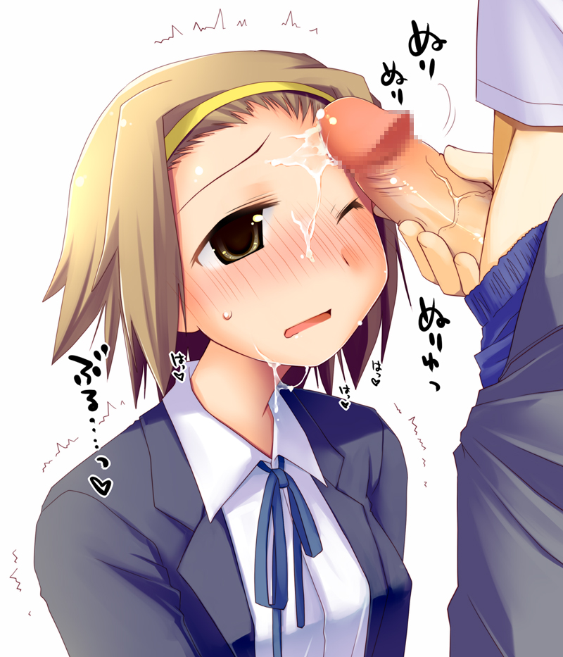 theta (ponkotsu works), tainaka ritsu, k-on!, bad id, bad pixiv id, 00s, 1boy, 1girl, blush, brown hair, censored, cum, cum on body, cum on forehead, facial, forehead, hairband, mosaic censoring, penis, school uniform, short hair, wince