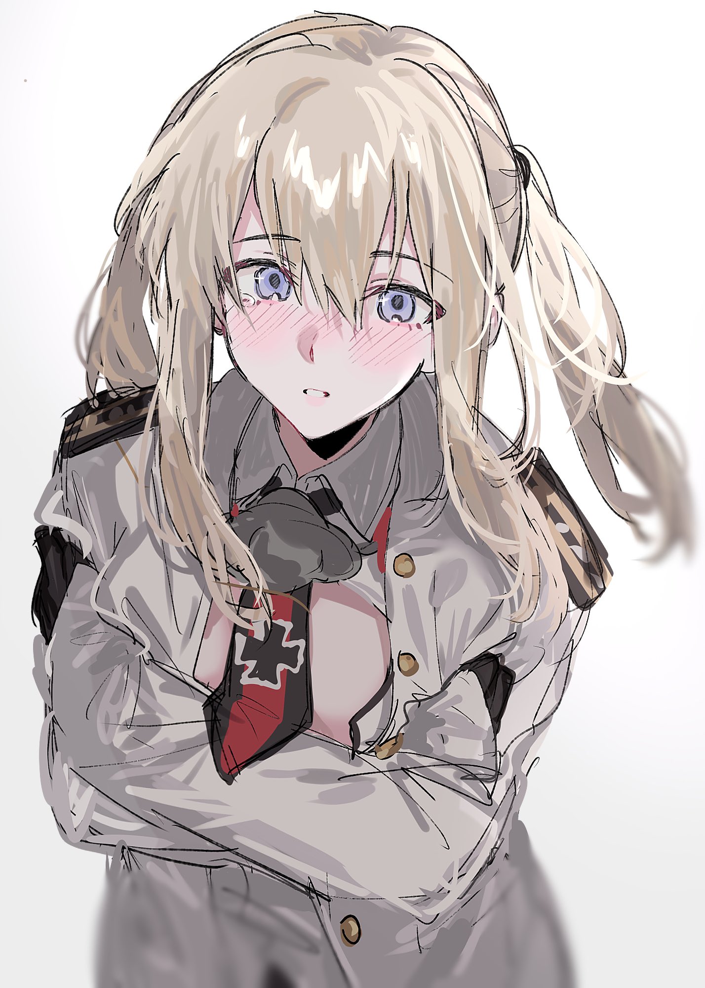 aogisa, graf zeppelin (kancolle), kantai collection, commentary, highres, symbol-only commentary, 1girl, blonde hair, blue eyes, epaulettes, jacket, looking at viewer, military jacket, necktie, open mouth, simple background, solo, teeth, twintails, upper body, white jacket