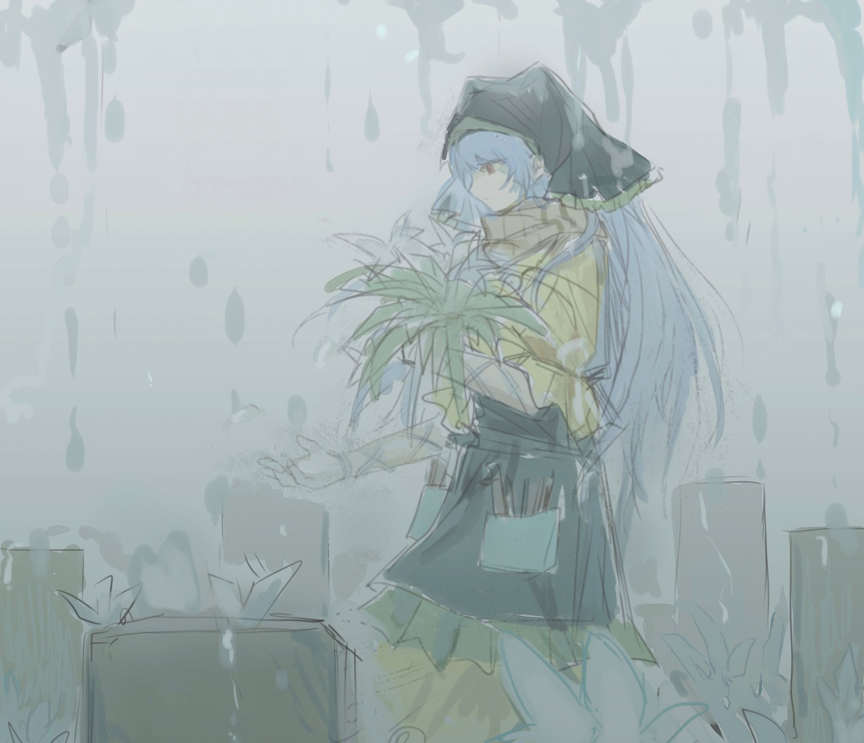 haniyasushin keiki, touhou, highres, 1girl, apron, arm ribbon, blue hair, bouquet, brown ribbon, closed mouth, cloud, cloudy sky, dress, expressionless, feet out of frame, flower, frilled sleeves, frills, graveyard, green apron, green headscarf, headscarf, holding, holding bouquet, long dress, long hair, looking at object, orange scarf, outdoors, outstretched hand, pink eyes, plaid clothes, plaid scarf, pocket, puffy short sleeves, puffy sleeves, rain, ribbon, scarf, short sleeves, sky, solo, standing, tools, us51927694, very long hair, white flower, yellow dress