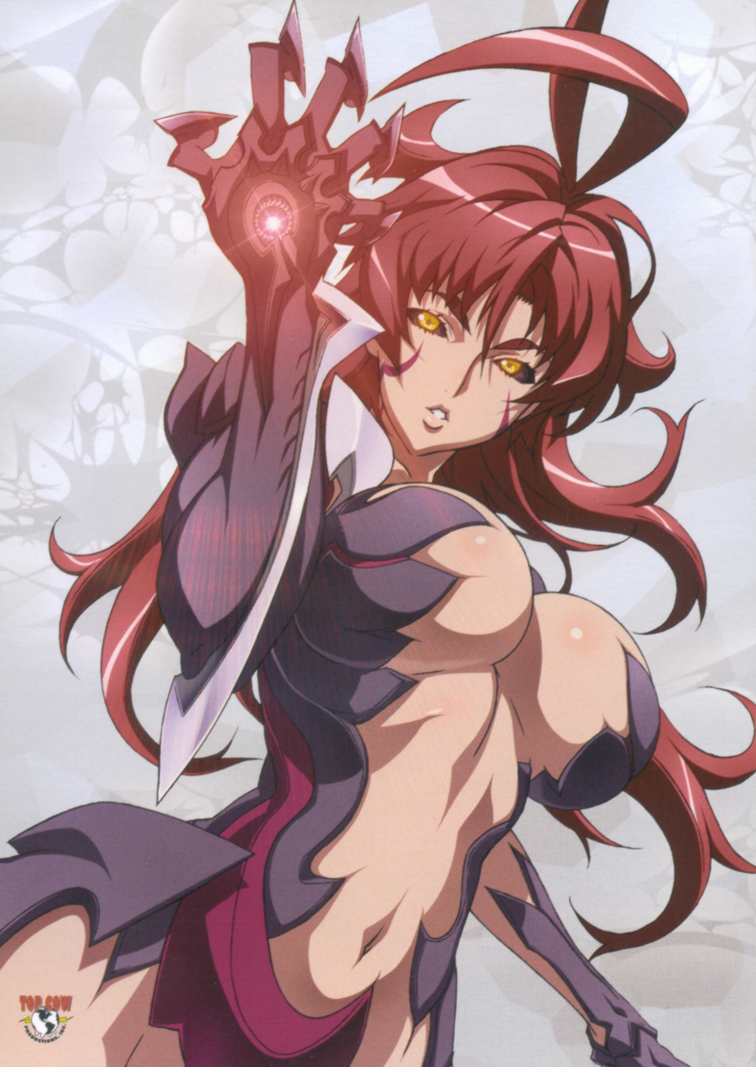uno makoto, amaha masane, witchblade, highres, 00s, 1girl, armor, bikini armor, black sclera, breasts, claws, cleavage, colored sclera, female focus, glowing, large breasts, long hair, mature female, navel, red hair, smile, solo