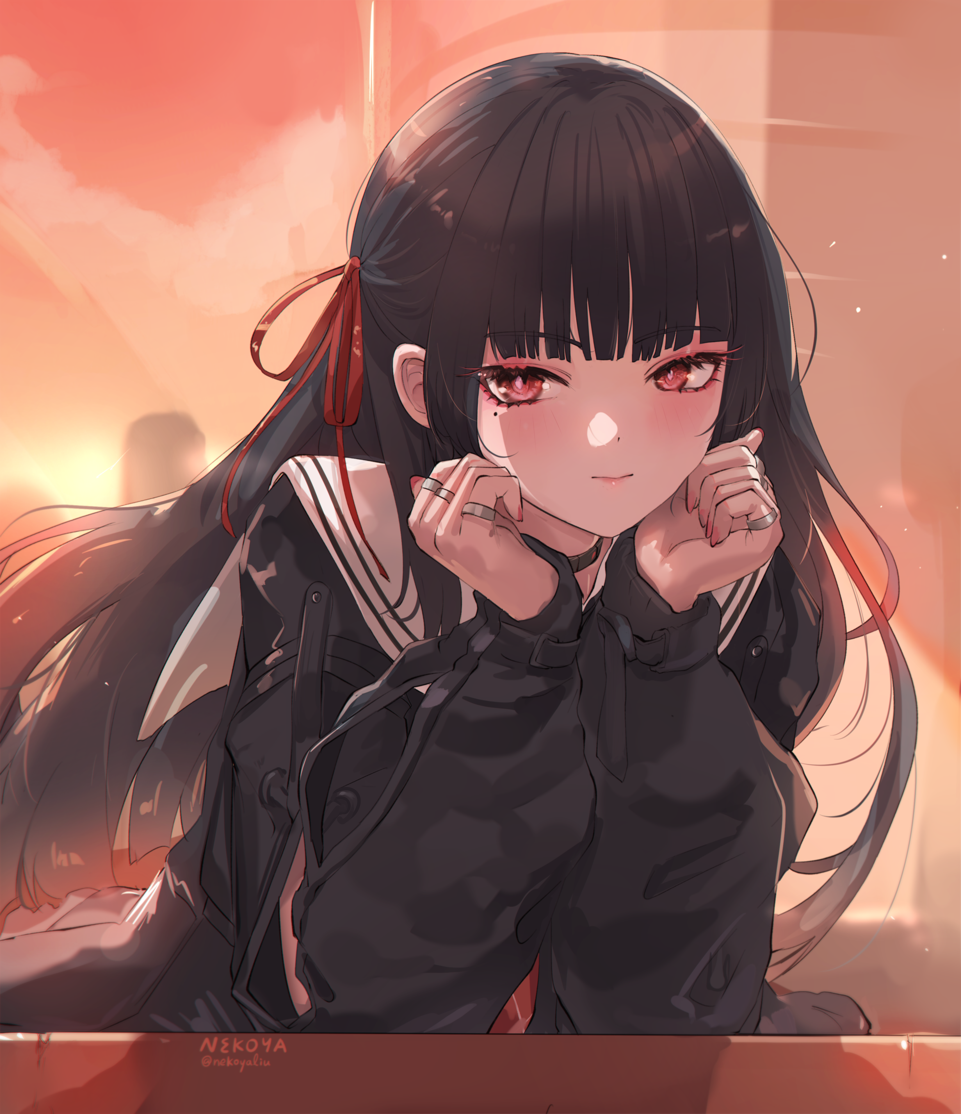 nekoya (liu), chisa (wuthering waves), wuthering waves, absurdres, commentary request, highres, partial commentary, 1girl, artist name, black choker, black hair, black jacket, black shirt, choker, closed mouth, fingernails, hair ribbon, hands up, jacket, light smile, long hair, long sleeves, looking at viewer, mole, mole under eye, orange sky, puffy long sleeves, puffy sleeves, red eyes, red ribbon, ribbon, sailor collar, sailor shirt, school uniform, shirt, sky, solo, white sailor collar