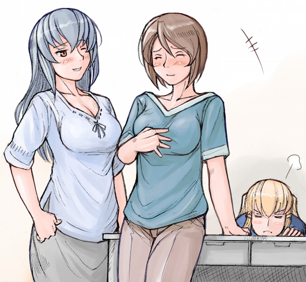 tsuda nanafushi, shinku, souseiseki, suigintou, rozen maiden, silver hair, 00s, 3girls, aged up, blonde hair, blush, brown hair, casual, closed eyes, multiple girls, pants, short hair, smile, wink