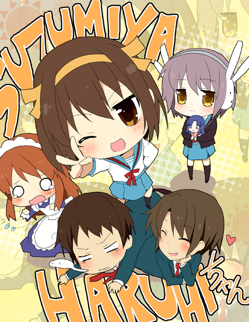kurot, achakura, asahina mikuru, asakura ryoko, koizumi itsuki, kyon, nagato yuki, suzumiya haruhi, suzumiya haruhi-chan no yuuutsu, suzumiya haruhi no yuuutsu, 00s, 2boys, 4girls, blue hair, brown eyes, brown hair, bunny headphones, cardigan, chibi, headphones, long hair, maid, maid headdress, multiple boys, multiple girls, o o, one eye closed, purple hair, school uniform, serafuku, short hair, wink