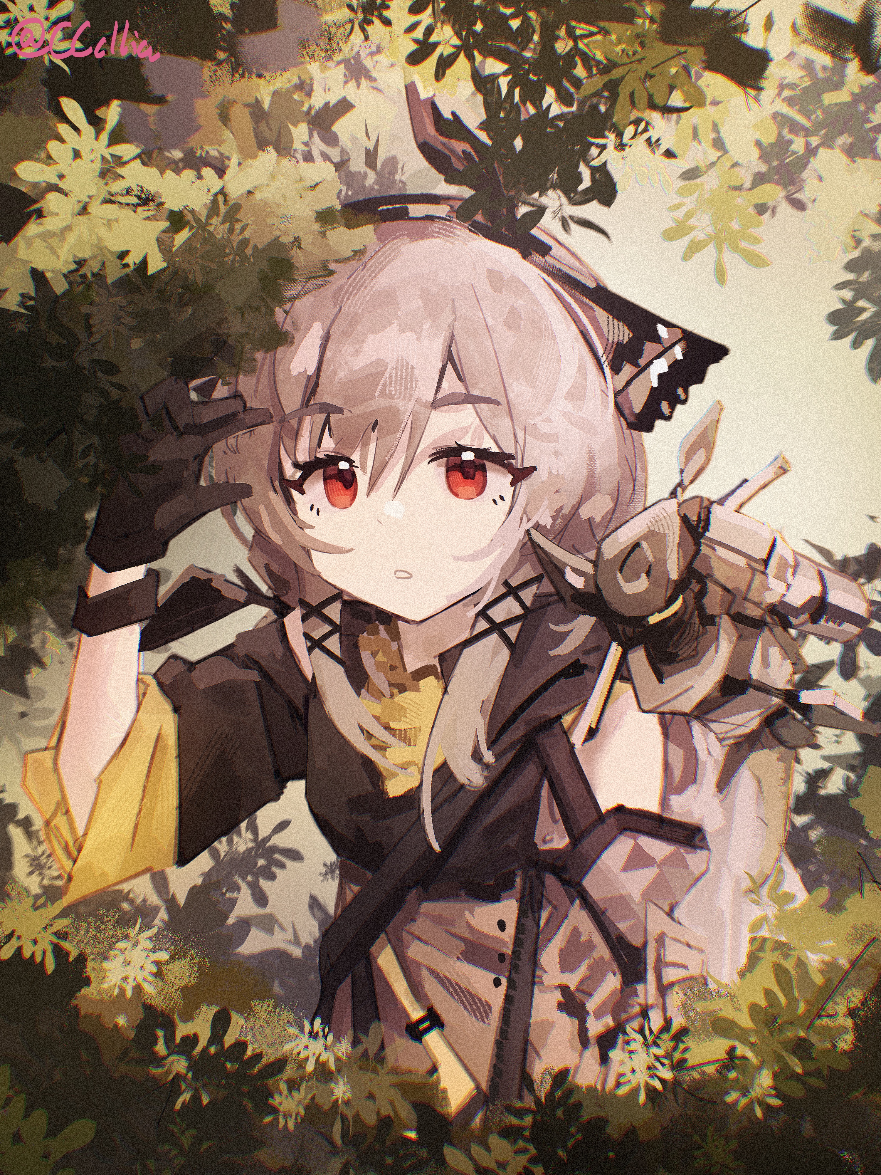 sakuratani hane, leaf (arknights), weedy (arknights), arknights, absurdres, highres, 1girl, :o, black bow, black gloves, black shirt, bow, detached sleeves, dot nose, foliage, gloves, grey hair, hair between eyes, hair bow, hand up, long hair, long sleeves, looking at viewer, parted lips, red eyes, robot, shirt, solo, twitter username, upper body