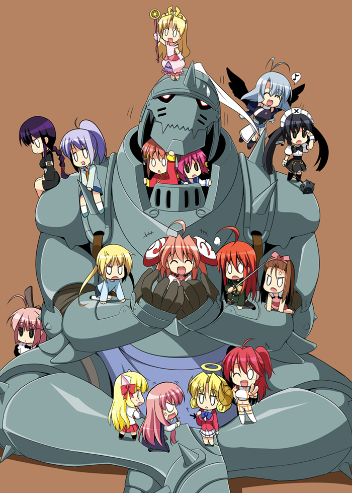 hoppege, alphonse elric, camyu, edelweiss (dokkoida), hoihoi-san, kagura (gintama), kooh, kugimiya rie, kurotsuchi nemu, louise francoise le blanc de la valliere, magami megumi, mihashigo sabato, mimi (mnemosyne), minase iori, nena trinity, rizel, sanzen'in nagi, shana, uematsu koboshi, bleach, bokusatsu tenshi dokuro-chan, dokkoida, fullmetal alchemist, gintama, gundam, gundam 00, hayate no gotoku!, ichigeki sacchuu!! hoihoi-san, idolmaster, mnemosyne, only you recross, pangya, pita ten, rizelmine, shakugan no shana, utawarerumono, zero no tsukaima, silver hair, star, uniform, annotated, :o, ^ ^, ahoge, animal ears, antenna hair, armband, armor, blonde hair, blue hair, braid, brown hair, cat ears, chibi, closed eyes, crossed legs, crossover, flying, freckles, frills, glowing, glowing eyes, grey hair, hair ornament, hair ribbon, halo, headband, helmet, holding, horns, indian style, kneeling, long hair, mace, maid headdress, military, military uniform, minigirl, musical note, o o, orange hair, pink hair, pointer, ponytail, red hair, ribbon, school uniform, sitting, skirt, staff, sweatdrop, tiara, twintails, v, voice actor connection, wand, weapon, wings, wink