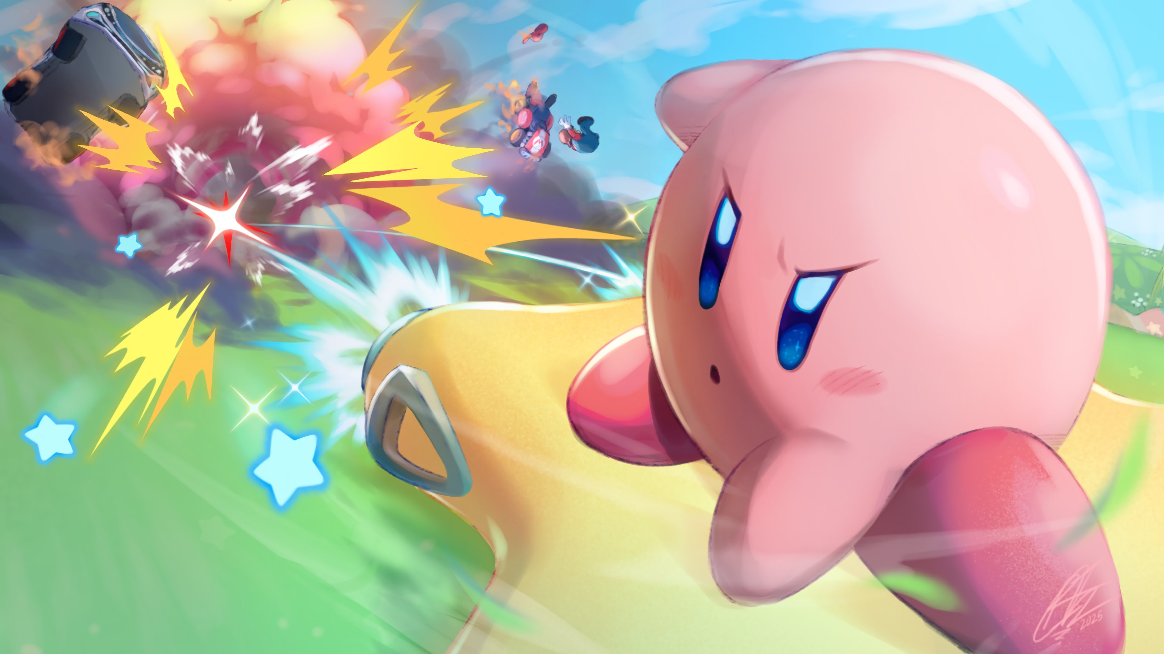 ritchell-innocent, kirby, mario, kirby (series), kirby air ride, kirby air riders, mario (series), mario kart, nintendo, absurdres, highres, blue eyes, blush stickers, car, company connection, crossover, explosion, hovercraft, motor vehicle, solo focus, star (symbol), watercraft
