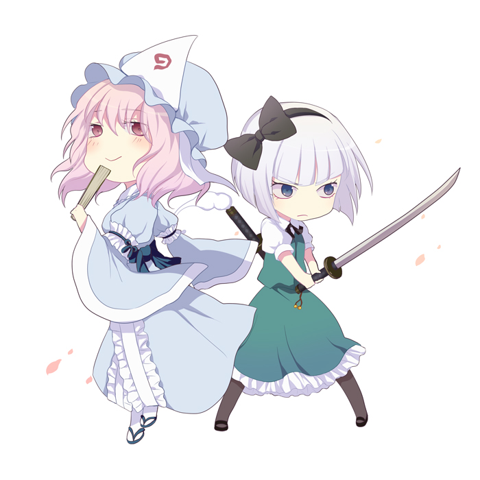 harano, konpaku youmu, saigyouji yuyuko, touhou, blue headwear, >:(, 2girls, black bow, black hairband, black ribbon, blue dress, bob cut, bow, chibi, closed mouth, collared shirt, dress, eyes visible through hair, female focus, folded fan, folding fan, frilled dress, frilled skirt, frills, frown, full body, green skirt, green vest, hairband, hand fan, hat, juliet sleeves, long sleeves, mob cap, multiple girls, neck ribbon, no nose, pantyhose, pink eyes, pink hair, puffy short sleeves, puffy sleeves, ribbon, sandals, shirt, short hair, short sleeves, simple background, skirt, sleeves past wrists, smile, socks, sword, triangular headpiece, v-shaped eyebrows, vest, wavy hair, weapon, white background, white shirt, wide sleeves