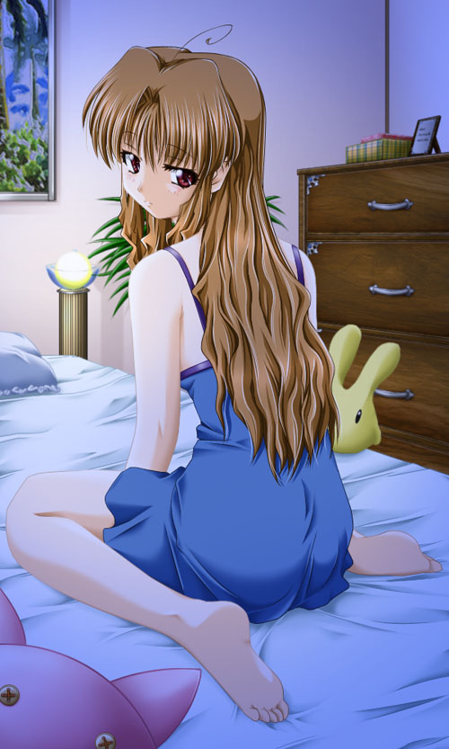 morino ichigo, onegai teacher, 00s, 1girl, barefoot, bed, brown hair, feet, female focus, kneeling, lingerie, long hair, looking back, nightgown, red eyes, solo, underwear