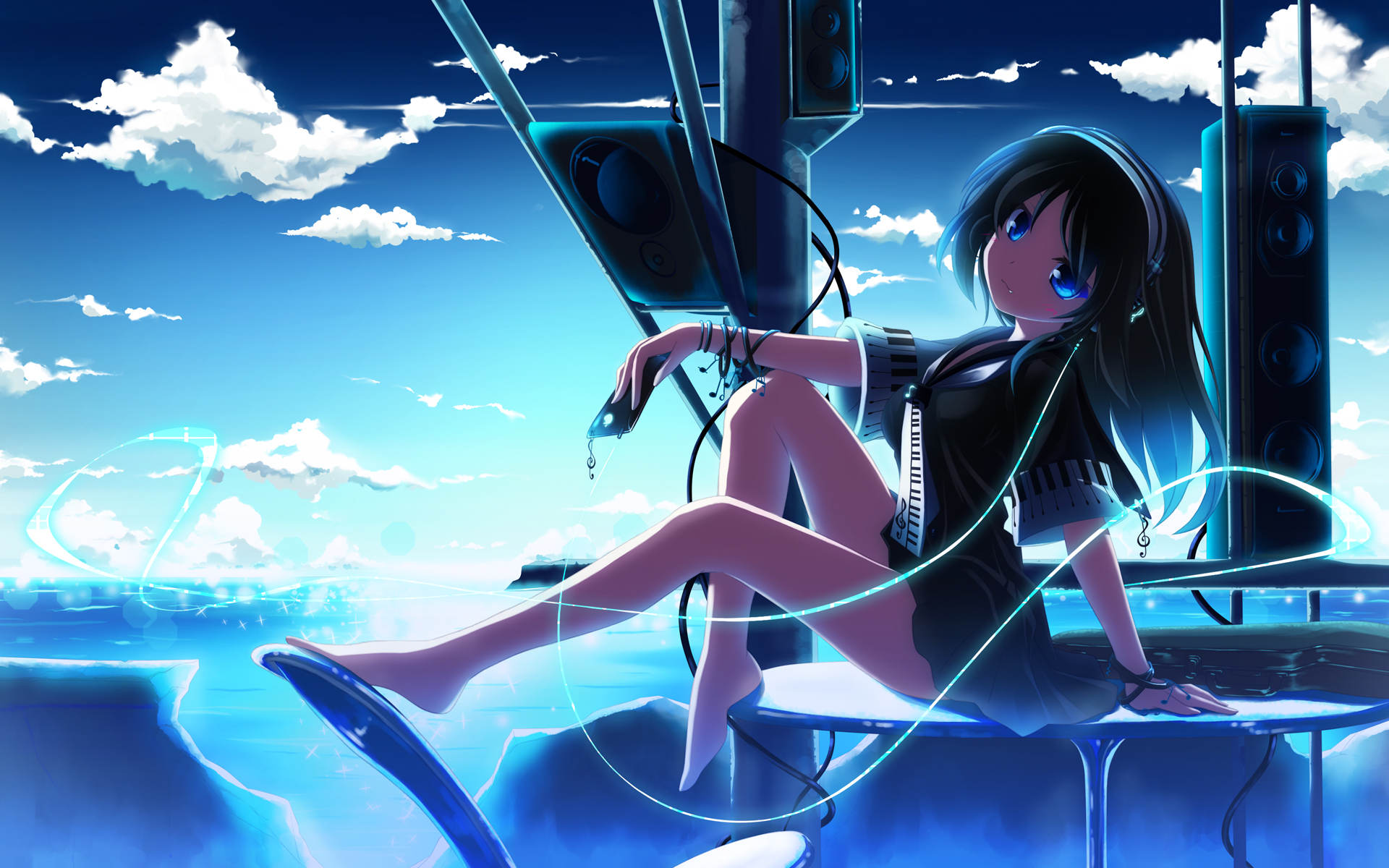 hinasaki you, ipod touch, original, highres, 1girl, barefoot, black hair, blue eyes, blue theme, bracelet, chair, cloud, digital media player, female focus, headphones, ipod, jewelry, legs, school uniform, serafuku, sitting, solo, speaker, table