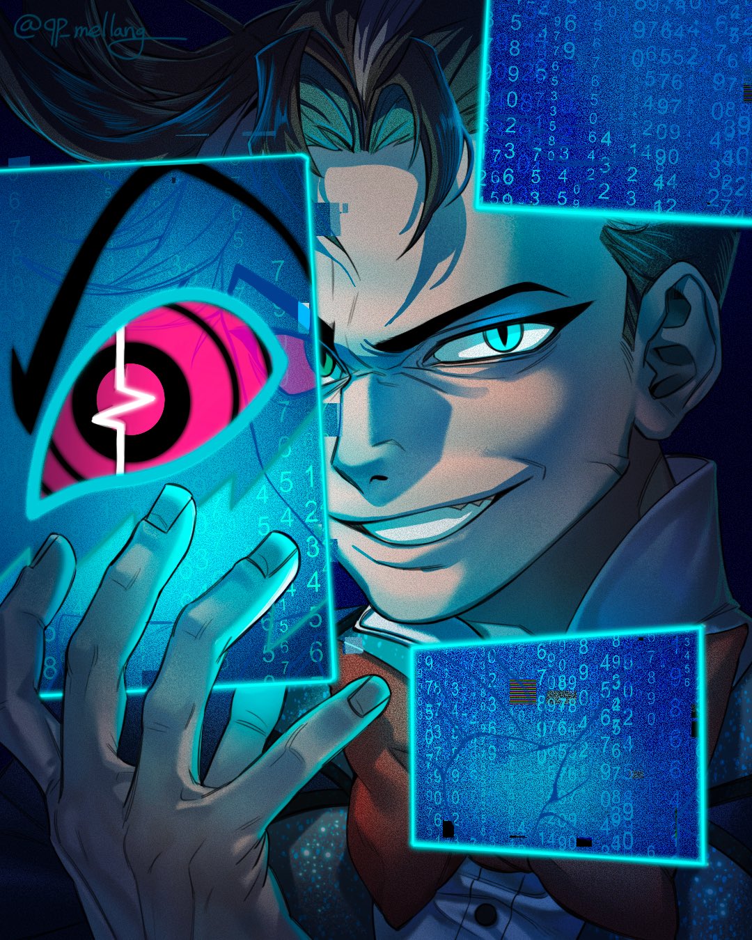 qp mellang, vox (hazbin hotel), hazbin hotel, hellaverse, commentary, highres, symbol-only commentary, 1boy, bow, bowtie, brown hair, collared shirt, dress shirt, green eyes, grey jacket, grin, hand up, jacket, male focus, red bow, red bowtie, shirt, short hair, slit pupils, smile, teeth, vox (human) (hazbin hotel), white shirt