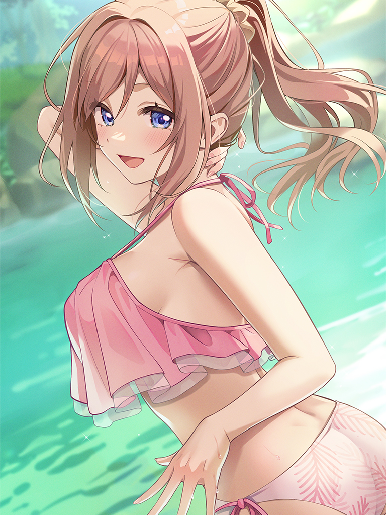 himesaki rinami, courreges ace, gakuen idolmaster, idolmaster, commentary request, 1girl, bikini, blue eyes, blurry, blurry background, blush, breasts, brown hair, day, frilled bikini, frills, halterneck, hand on own neck, large breasts, looking at viewer, open mouth, outdoors, pink bikini, ponytail, smile, solo, swimsuit, water