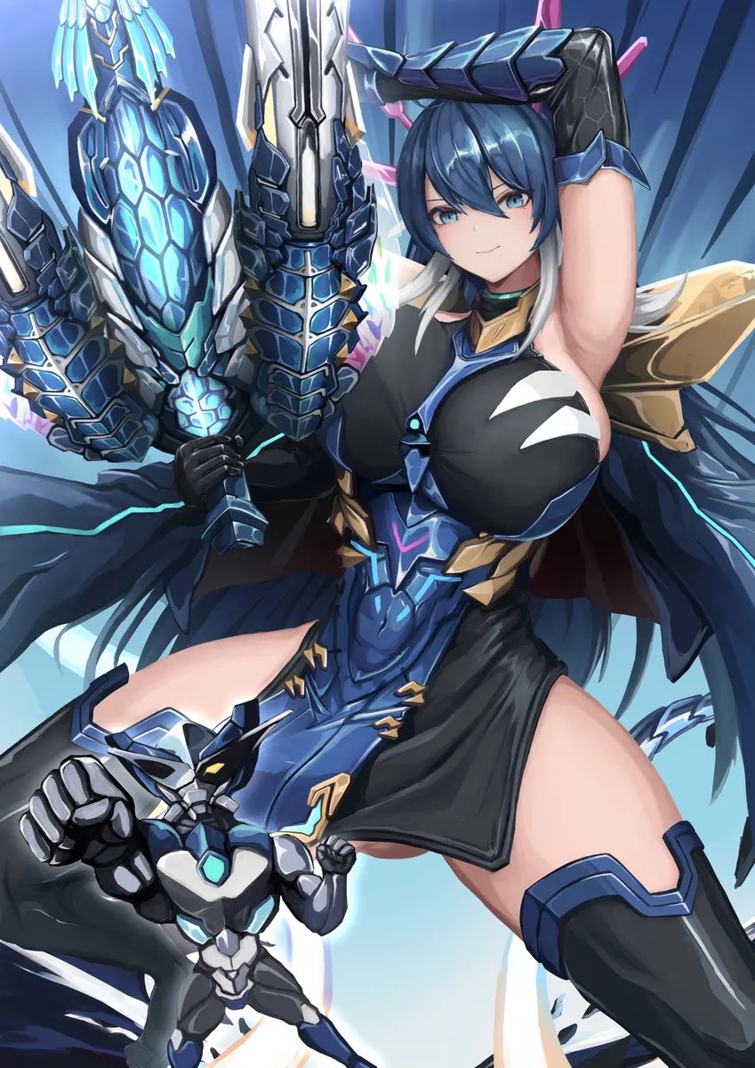 justice haruka, character request, copyright request, highres, 1girl, armpits, black dress, blue background, blue eyes, blue hair, breasts, cowboy shot, dress, holding, holding weapon, large breasts, multicolored hair, smile, solo focus, two-tone hair, weapon, white hair